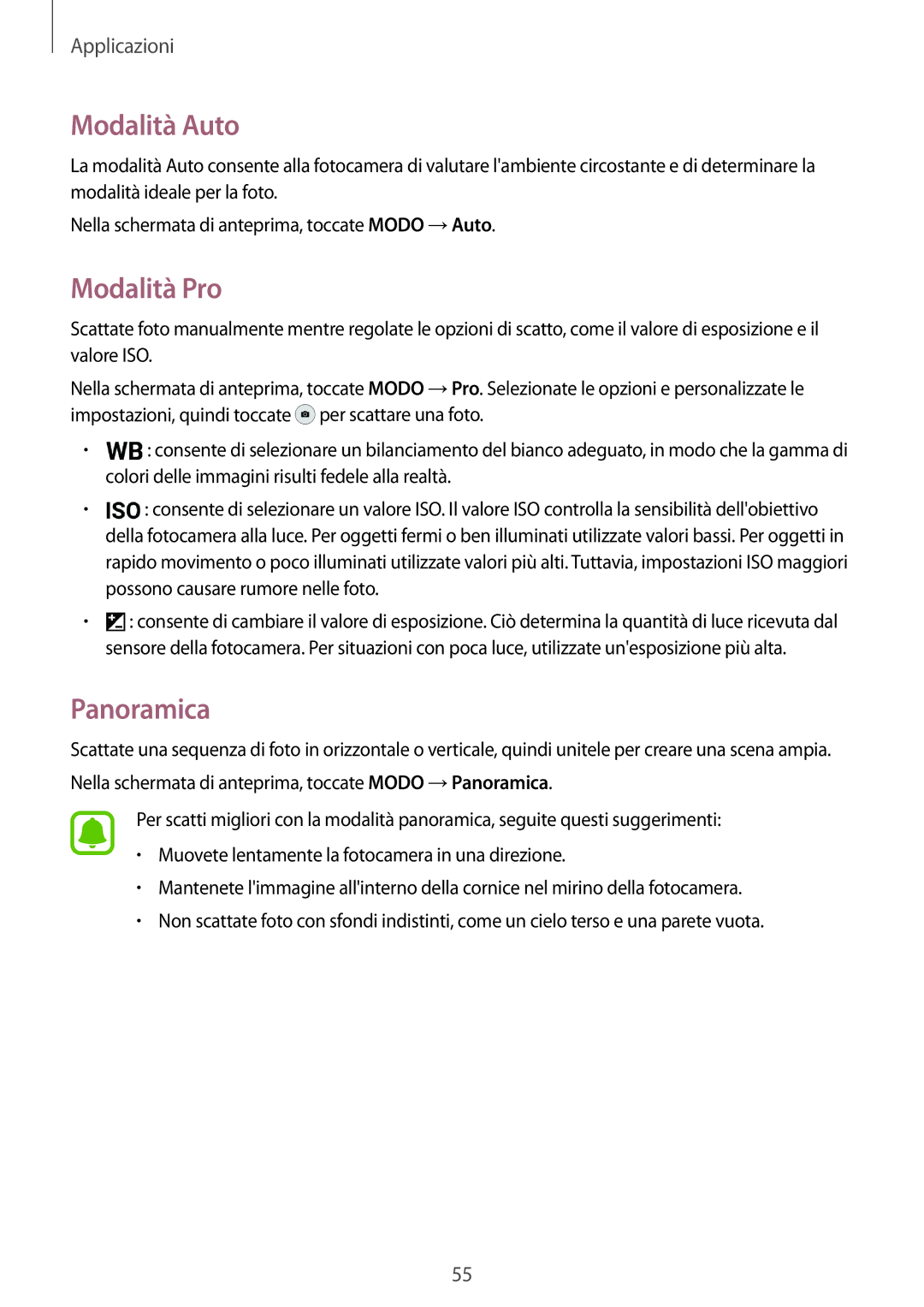 Samsung SM-G903FZDATIM, SM-G903FZKATIM, SM-G903FZSATIM manual Modalità Auto, Modalità Pro, Panoramica 