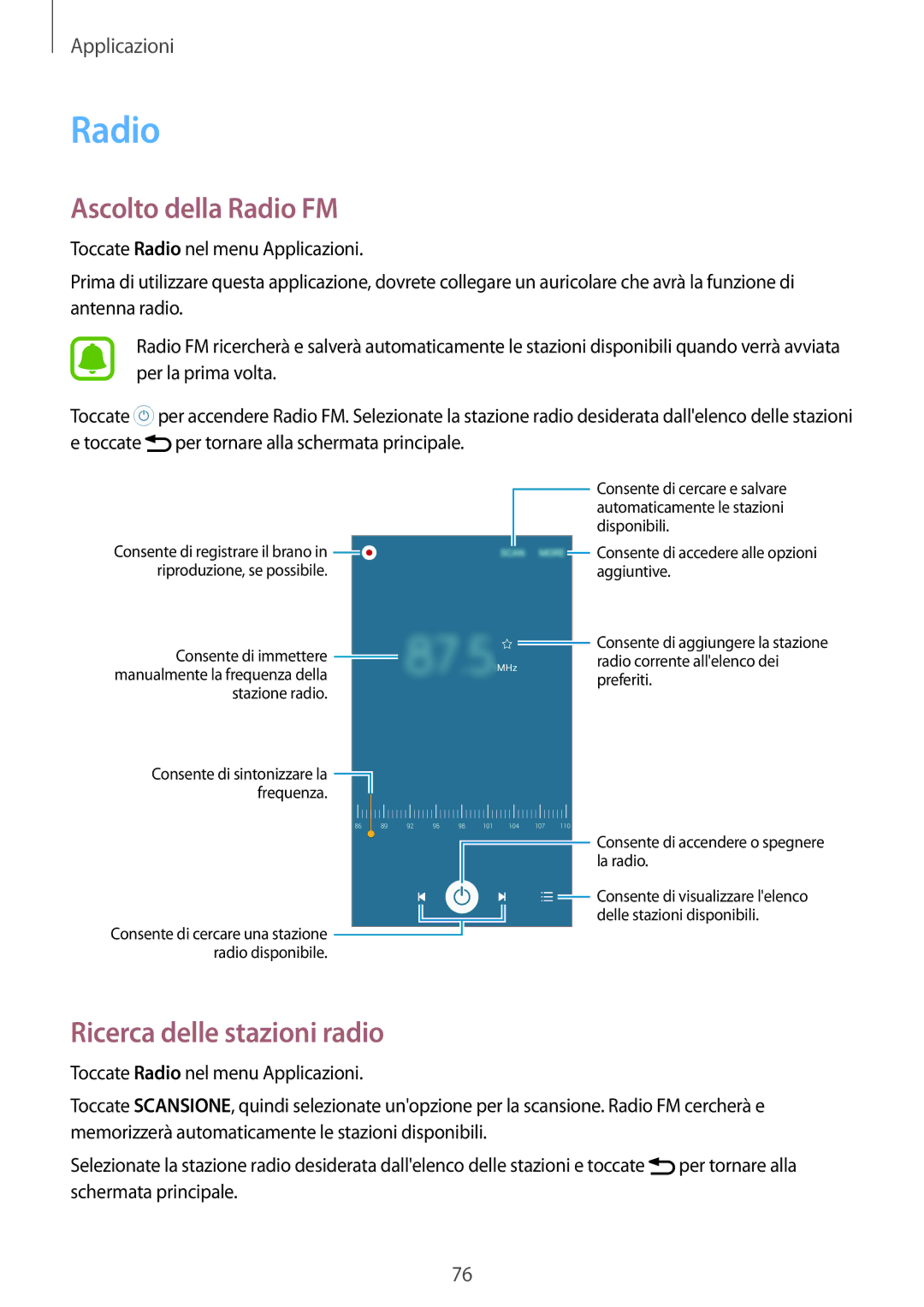 Samsung SM-G903FZDATIM, SM-G903FZKATIM, SM-G903FZSATIM manual Ascolto della Radio FM, Ricerca delle stazioni radio 