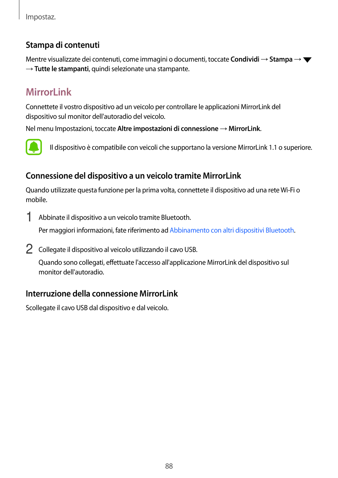 Samsung SM-G903FZDATIM manual Stampa di contenuti, Connessione del dispositivo a un veicolo tramite MirrorLink 