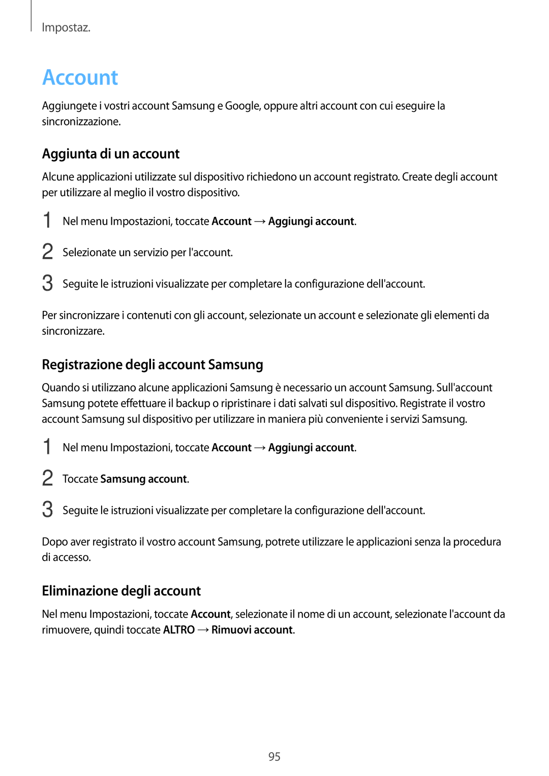 Samsung SM-G903FZSATIM Account, Aggiunta di un account, Registrazione degli account Samsung, Eliminazione degli account 