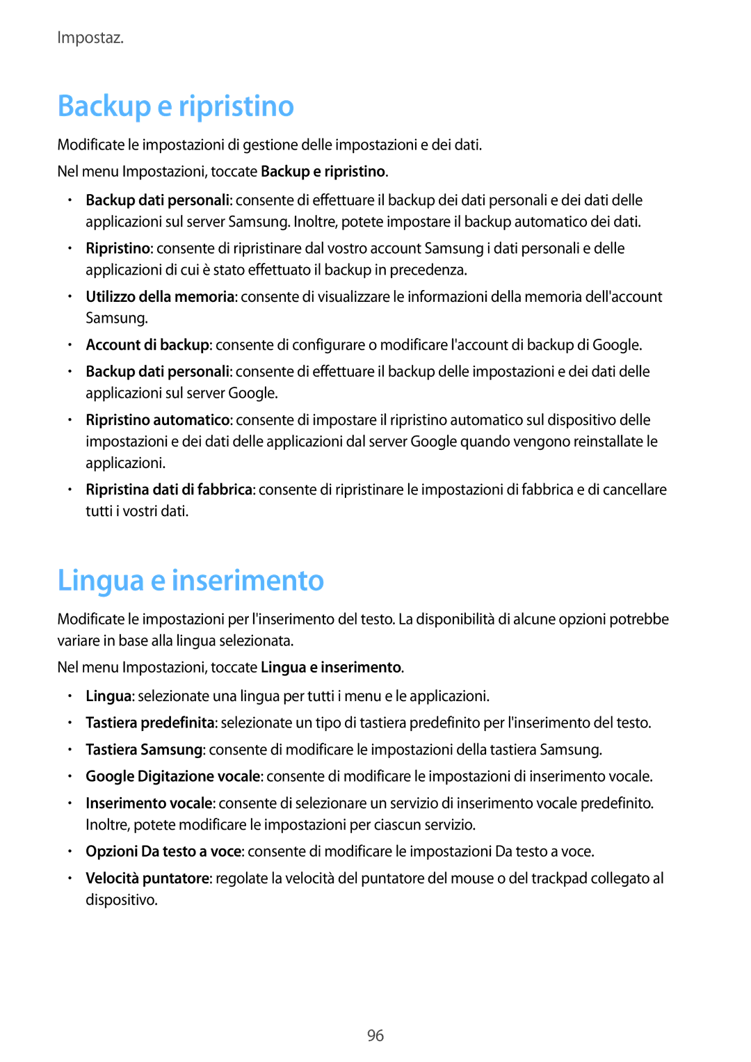 Samsung SM-G903FZKATIM, SM-G903FZDATIM, SM-G903FZSATIM manual Backup e ripristino, Lingua e inserimento 