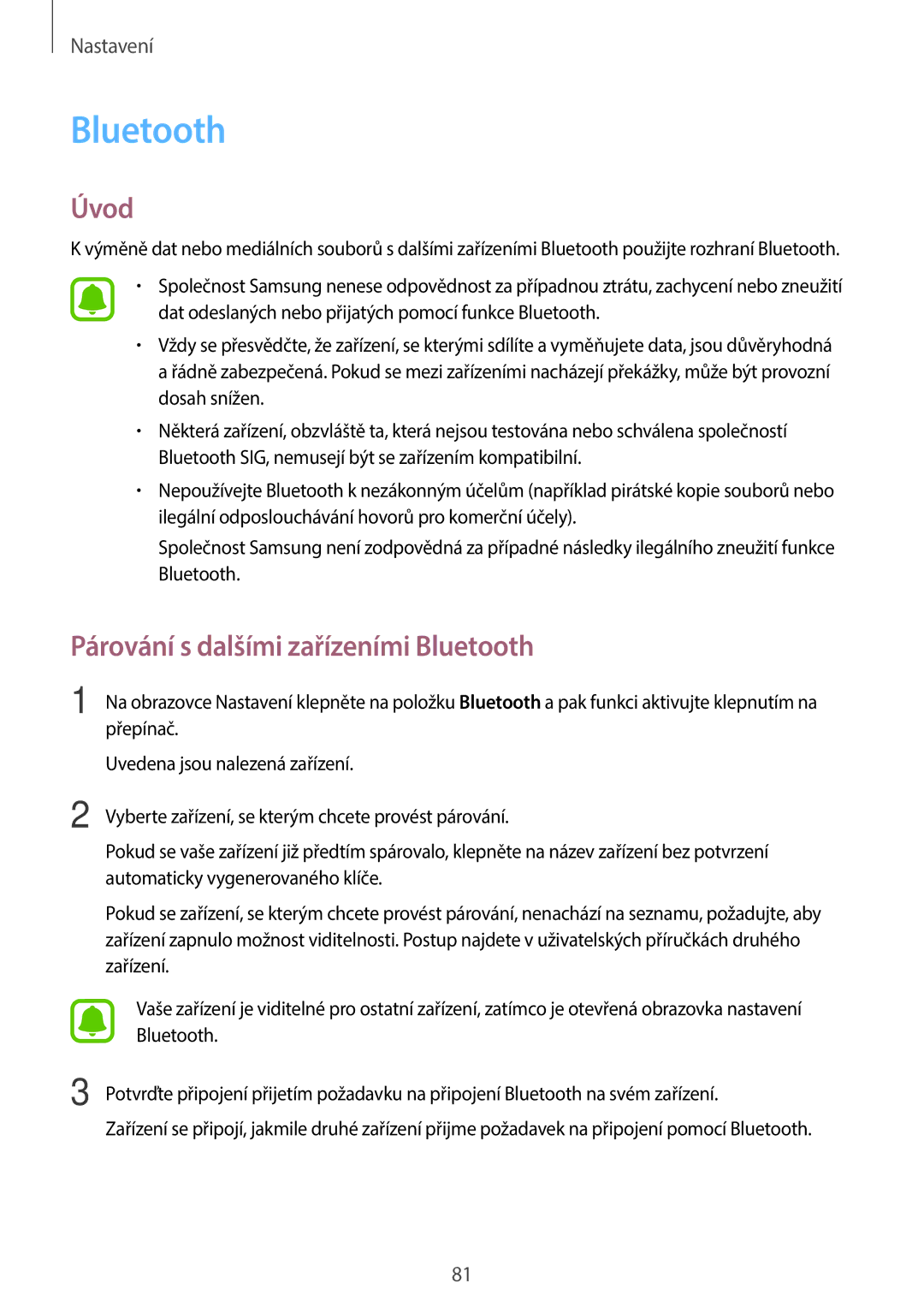 Samsung SM-G903FZSAETL manual Párování s dalšími zařízeními Bluetooth 