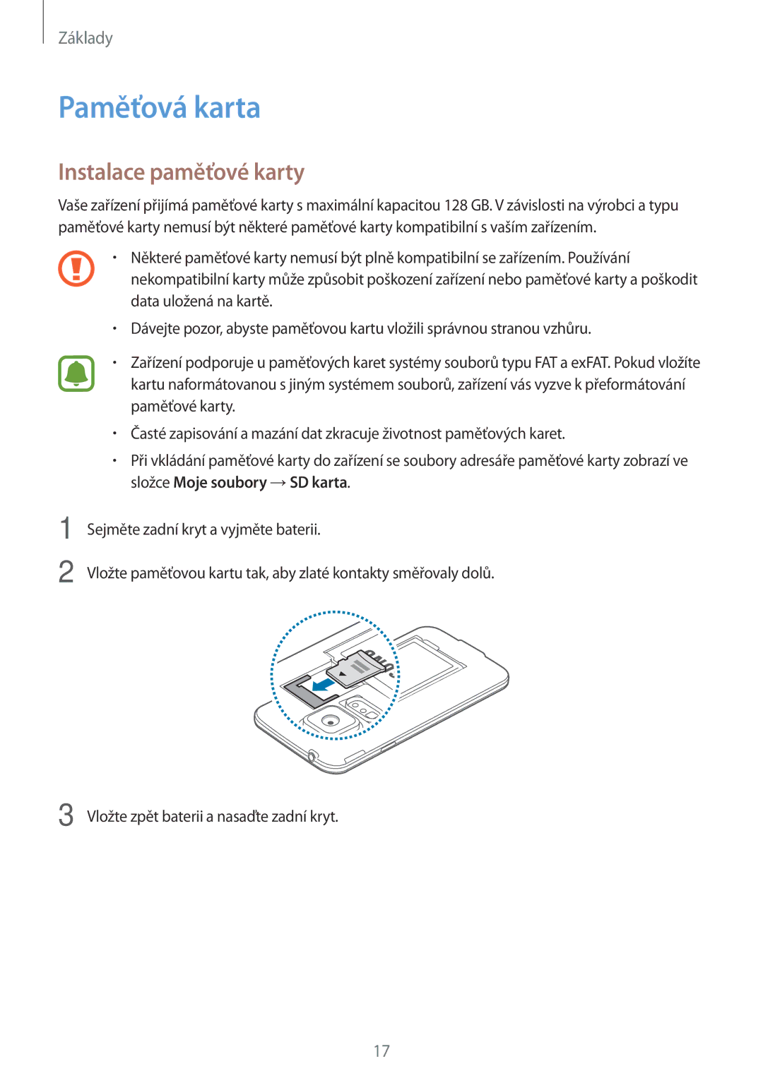 Samsung SM-G903FZSAETL manual Paměťová karta, Instalace paměťové karty 