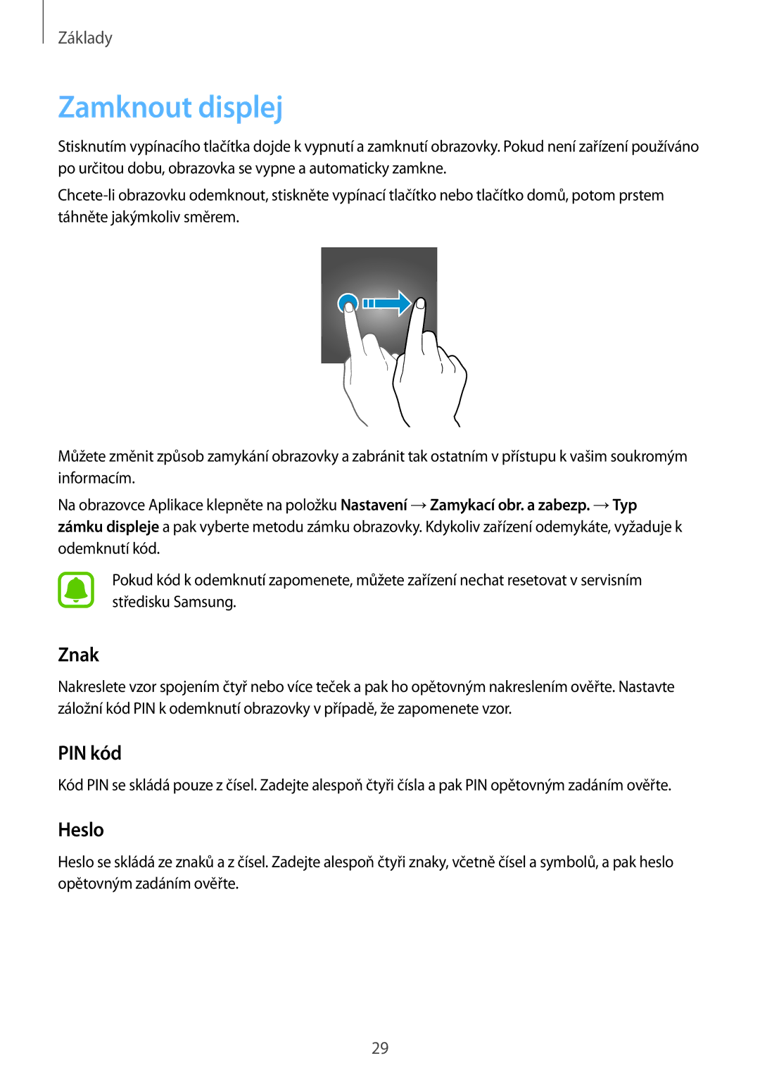 Samsung SM-G903FZSAETL manual Zamknout displej, Znak, PIN kód, Heslo 