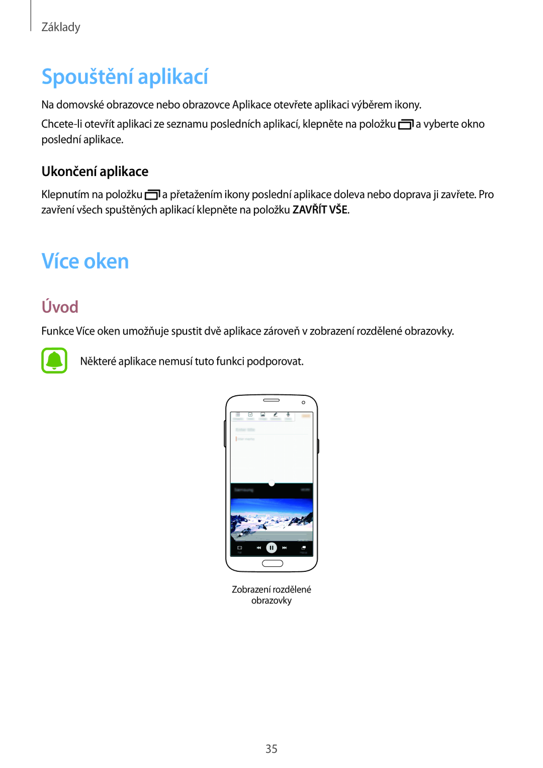 Samsung SM-G903FZSAETL manual Spouštění aplikací, Více oken, Úvod, Ukončení aplikace 