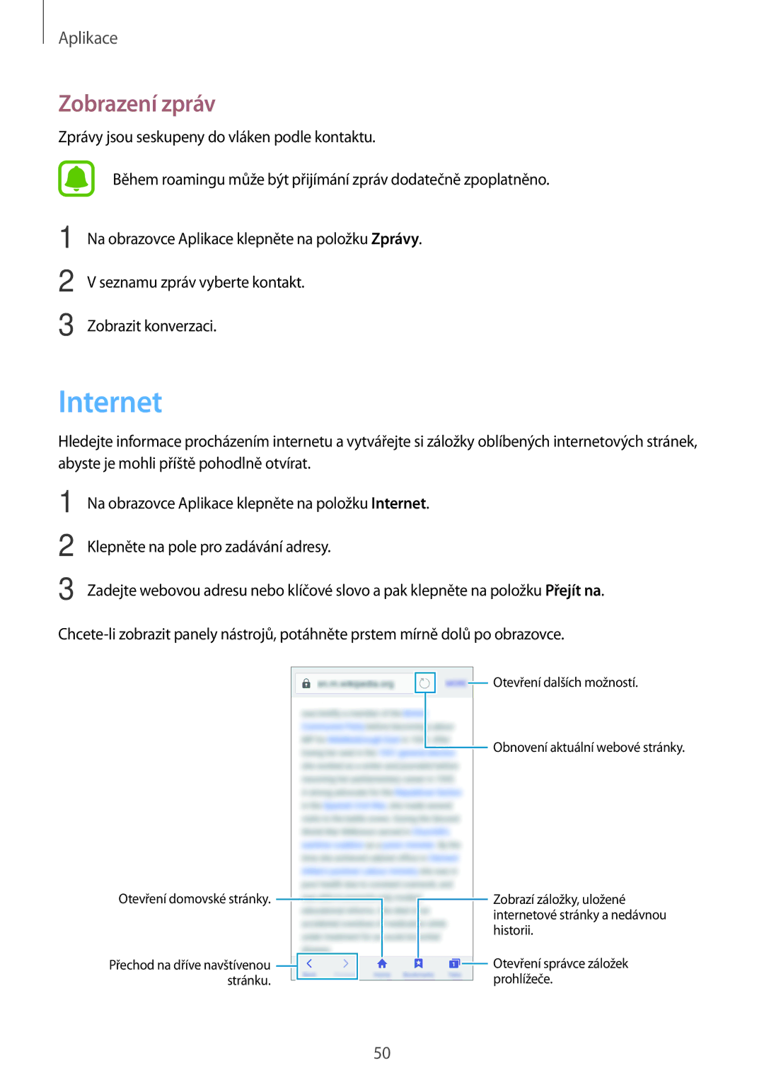 Samsung SM-G903FZSAETL manual Internet, Zobrazení zpráv 