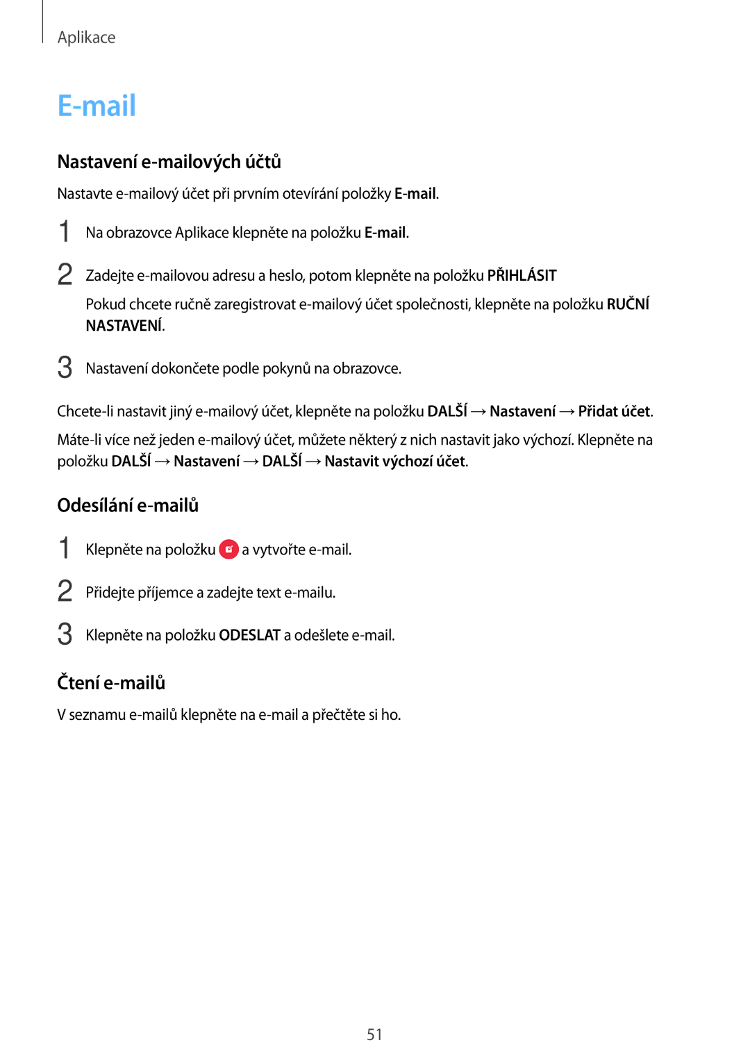 Samsung SM-G903FZSAETL manual Mail, Nastavení e-mailových účtů, Odesílání e-mailů, Čtení e-mailů 