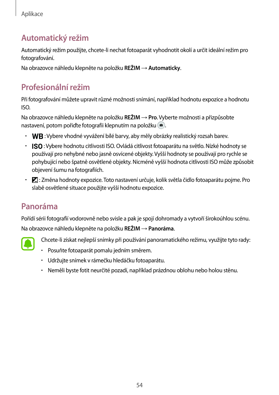 Samsung SM-G903FZSAETL manual Automatický režim, Profesionální režim, Panoráma 