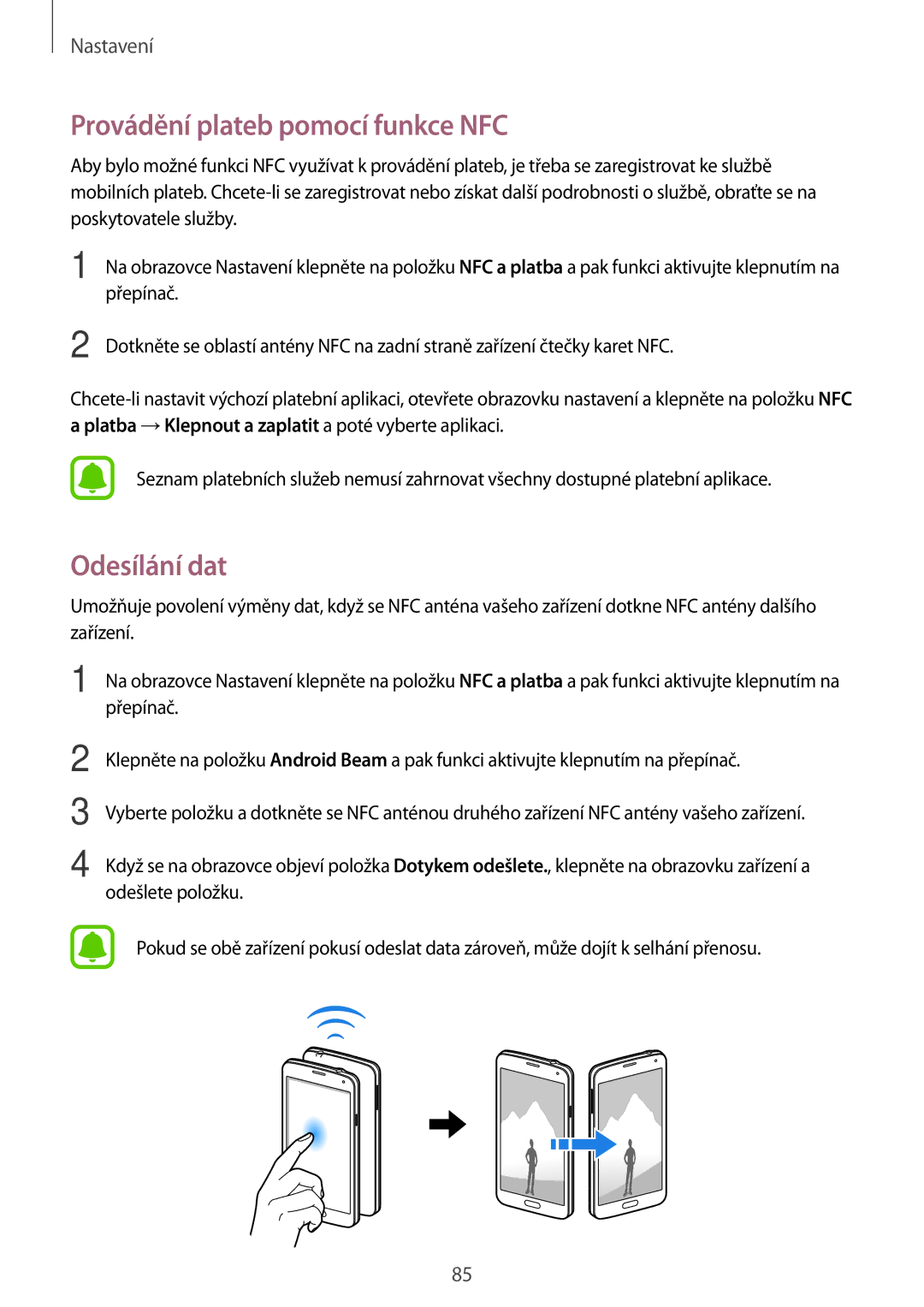 Samsung SM-G903FZSAETL manual Provádění plateb pomocí funkce NFC, Odesílání dat 