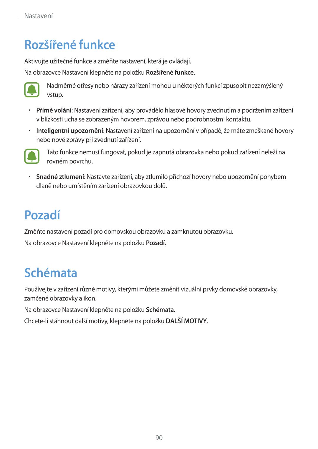 Samsung SM-G903FZSAETL manual Rozšířené funkce, Pozadí, Schémata 