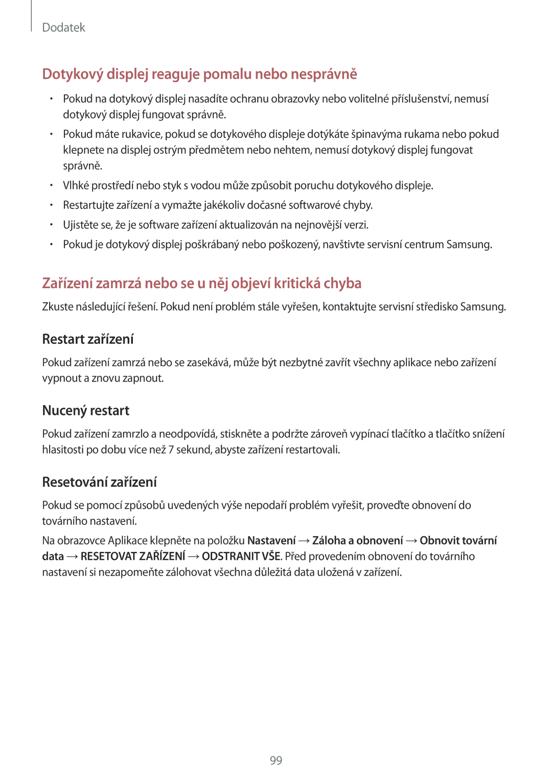 Samsung SM-G903FZSAETL manual Restart zařízení, Nucený restart, Resetování zařízení 