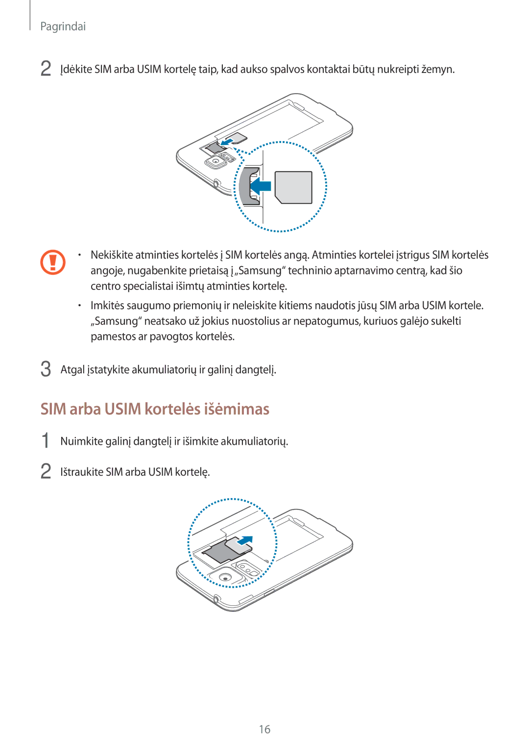 Samsung SM-G903FZKASEB, SM-G903FZSASEB, SM-G903FZDASEB manual SIM arba Usim kortelės išėmimas 