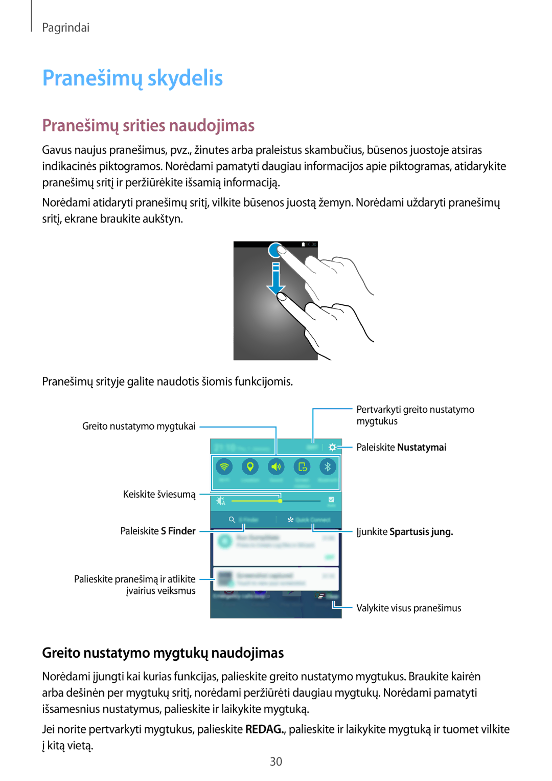 Samsung SM-G903FZSASEB manual Pranešimų skydelis, Pranešimų srities naudojimas, Greito nustatymo mygtukų naudojimas 