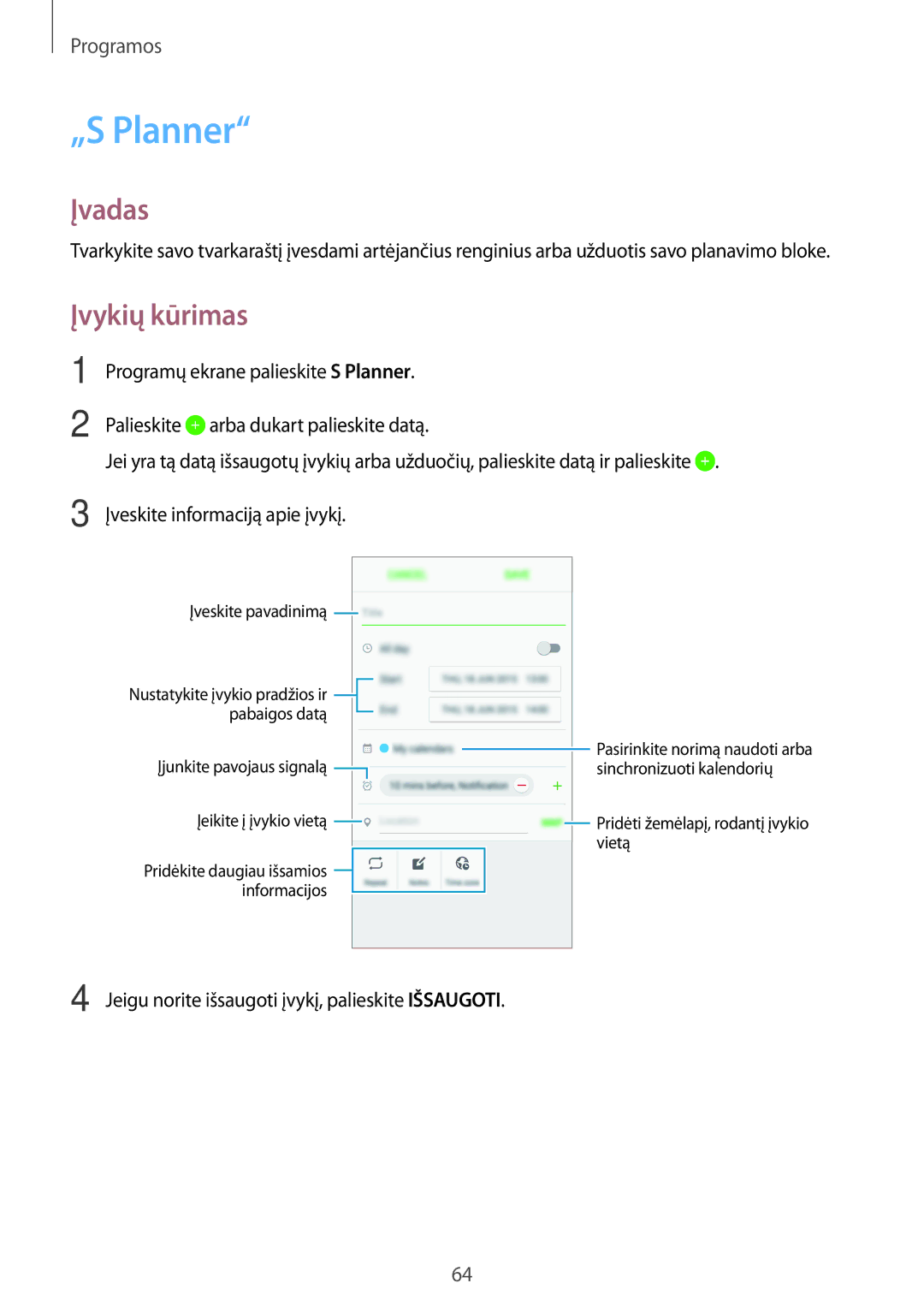 Samsung SM-G903FZKASEB, SM-G903FZSASEB, SM-G903FZDASEB manual „S Planner, Įvykių kūrimas 