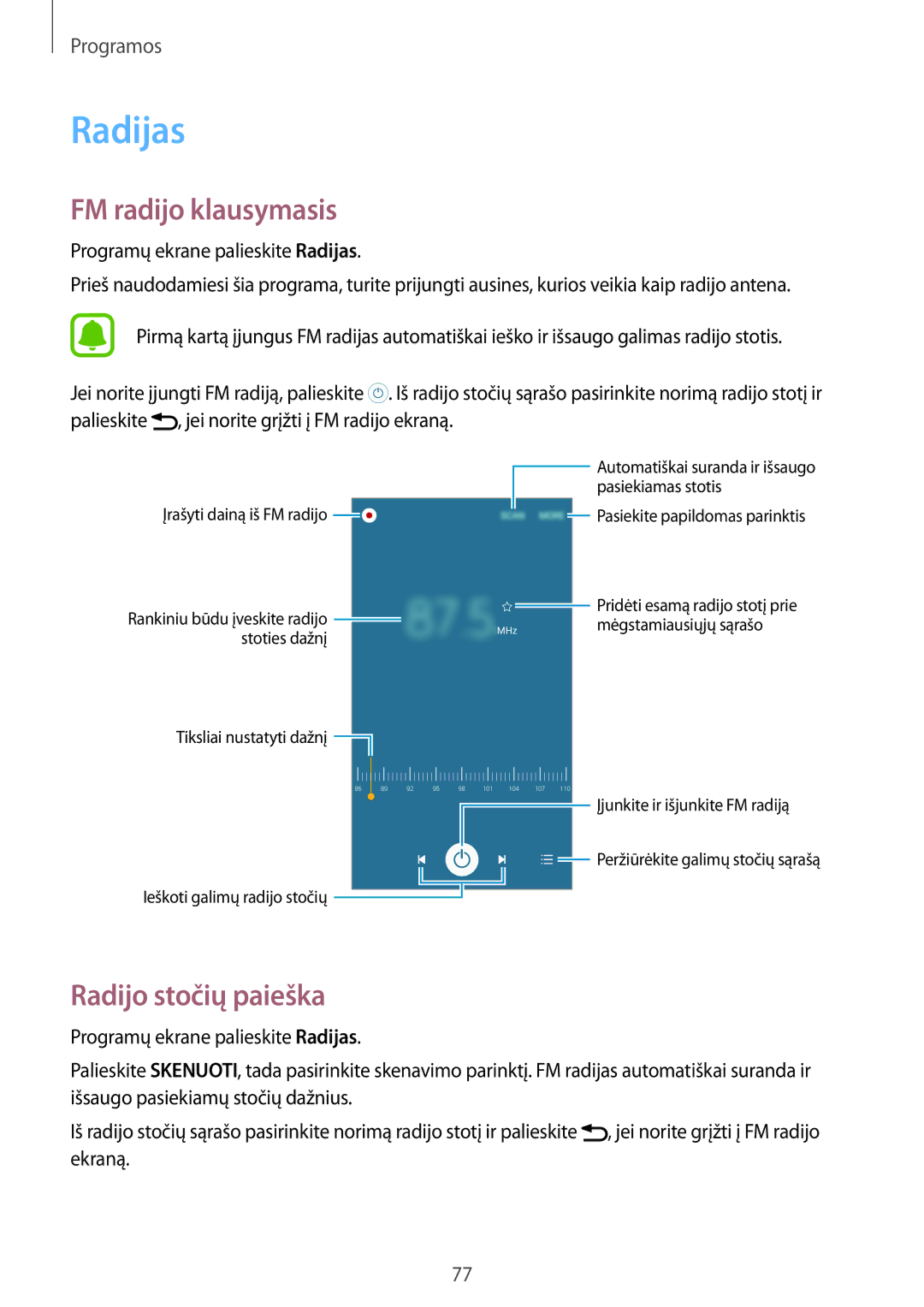 Samsung SM-G903FZDASEB, SM-G903FZSASEB, SM-G903FZKASEB manual Radijas, FM radijo klausymasis, Radijo stočių paieška 