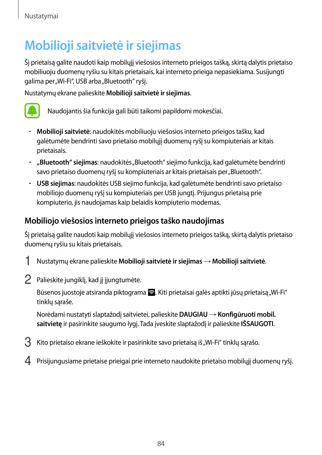 Samsung SM-G903FZSASEB manual Mobilioji saitvietė ir siejimas, Mobiliojo viešosios interneto prieigos taško naudojimas 