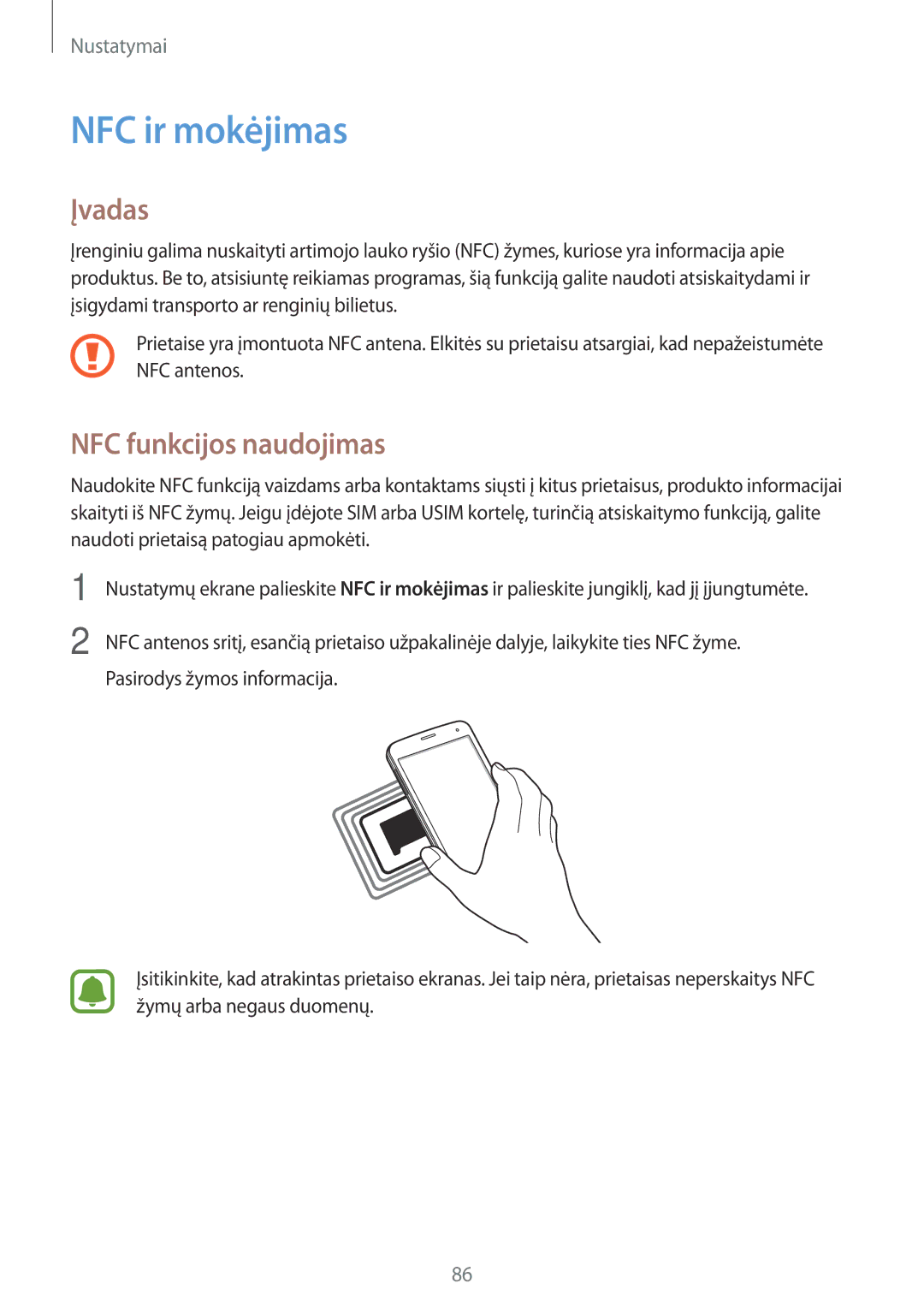 Samsung SM-G903FZDASEB, SM-G903FZSASEB, SM-G903FZKASEB manual NFC ir mokėjimas, NFC funkcijos naudojimas 