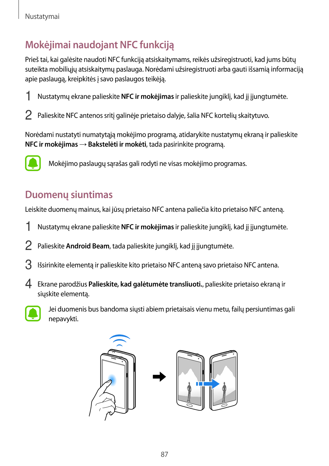 Samsung SM-G903FZSASEB, SM-G903FZKASEB, SM-G903FZDASEB manual Mokėjimai naudojant NFC funkciją, Duomenų siuntimas 