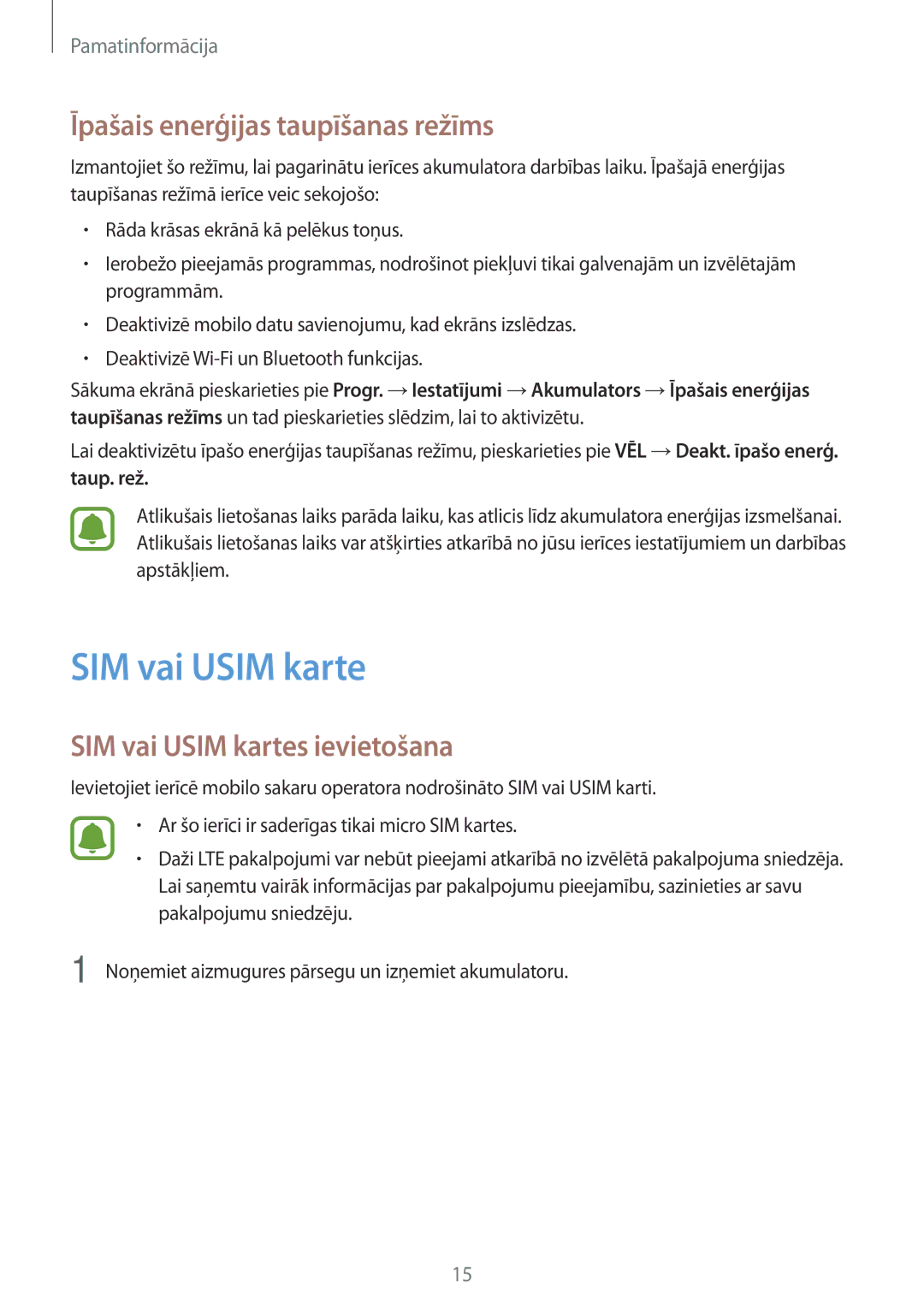 Samsung SM-G903FZSASEB, SM-G903FZKASEB manual Īpašais enerģijas taupīšanas režīms, SIM vai Usim kartes ievietošana 