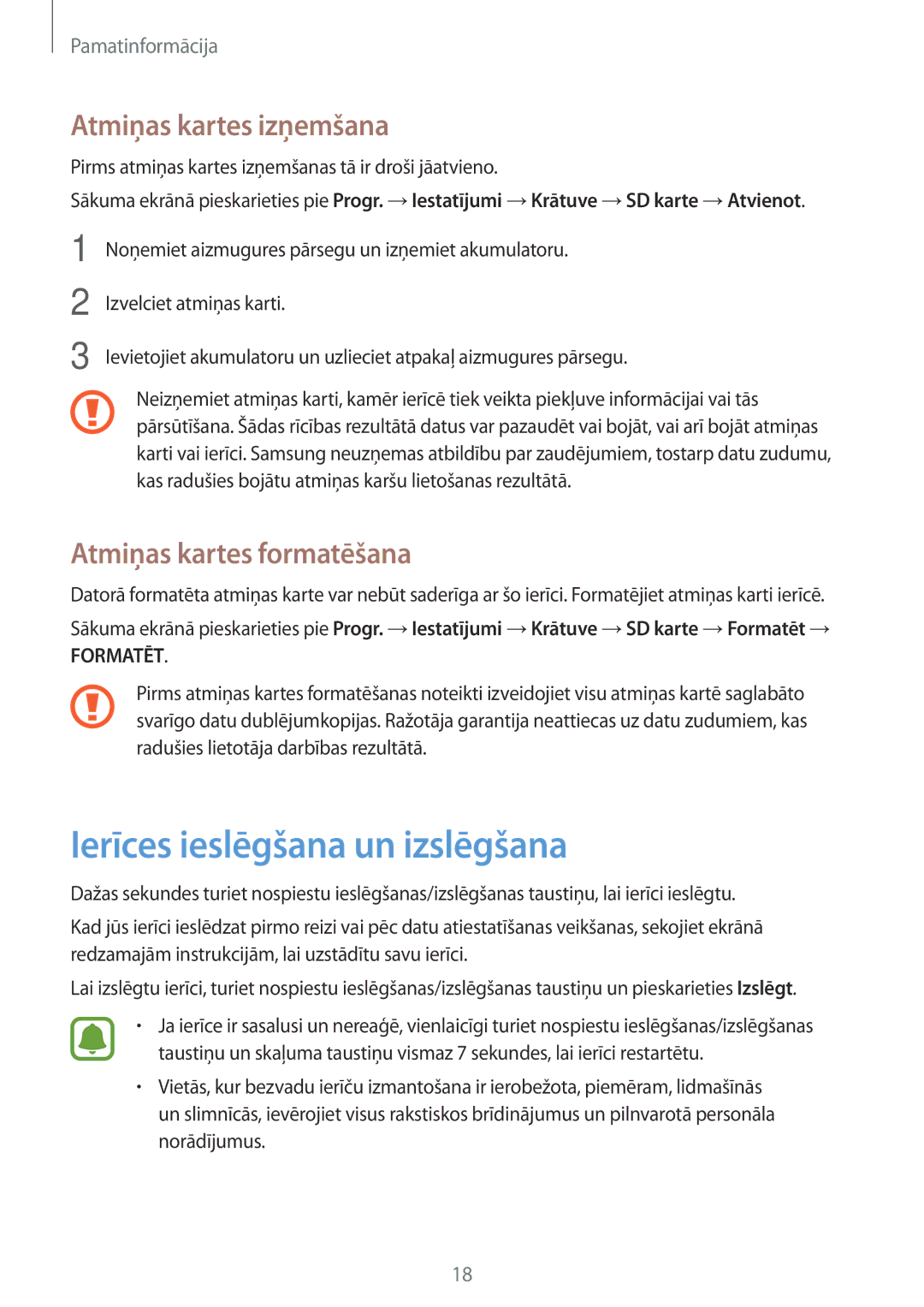 Samsung SM-G903FZSASEB manual Ierīces ieslēgšana un izslēgšana, Atmiņas kartes izņemšana, Atmiņas kartes formatēšana 