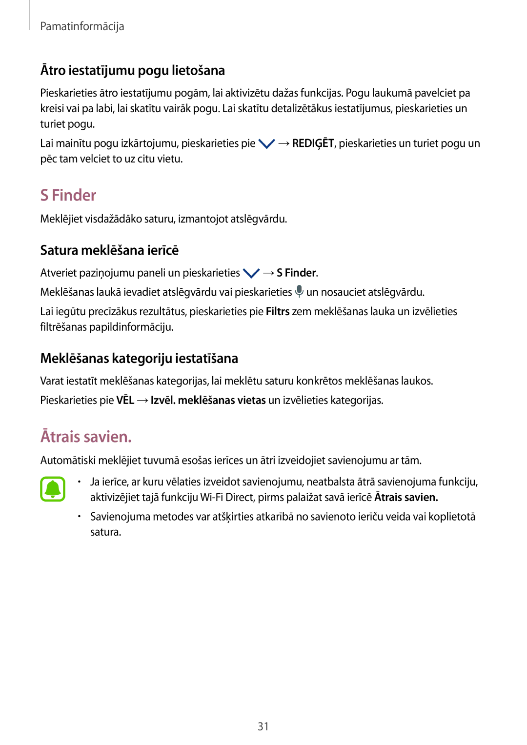 Samsung SM-G903FZKASEB, SM-G903FZSASEB Finder, Ātrais savien, Ātro iestatījumu pogu lietošana, Satura meklēšana ierīcē 