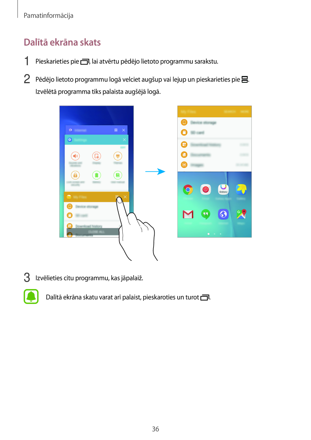 Samsung SM-G903FZSASEB, SM-G903FZKASEB, SM-G903FZDASEB manual Dalītā ekrāna skats 