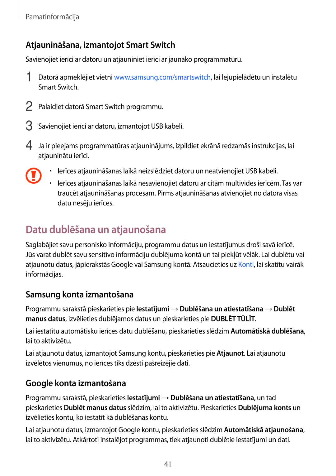Samsung SM-G903FZDASEB Datu dublēšana un atjaunošana, Atjaunināšana, izmantojot Smart Switch, Samsung konta izmantošana 
