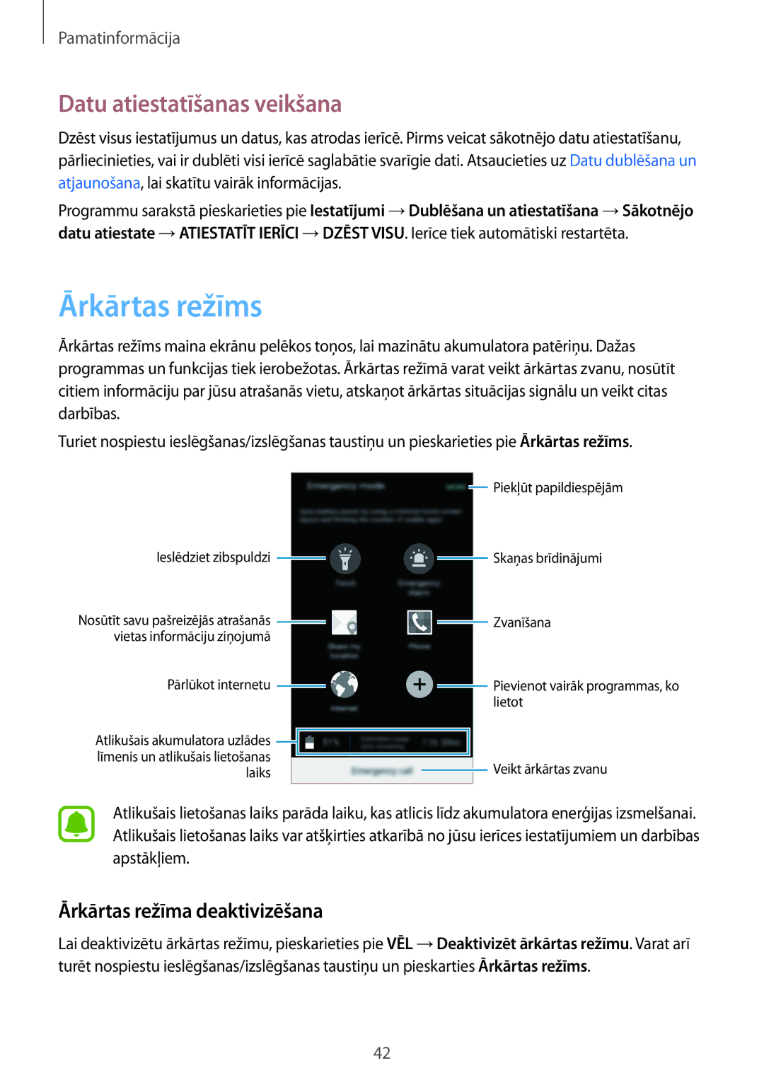 Samsung SM-G903FZSASEB, SM-G903FZKASEB manual Ārkārtas režīms, Datu atiestatīšanas veikšana, Ārkārtas režīma deaktivizēšana 