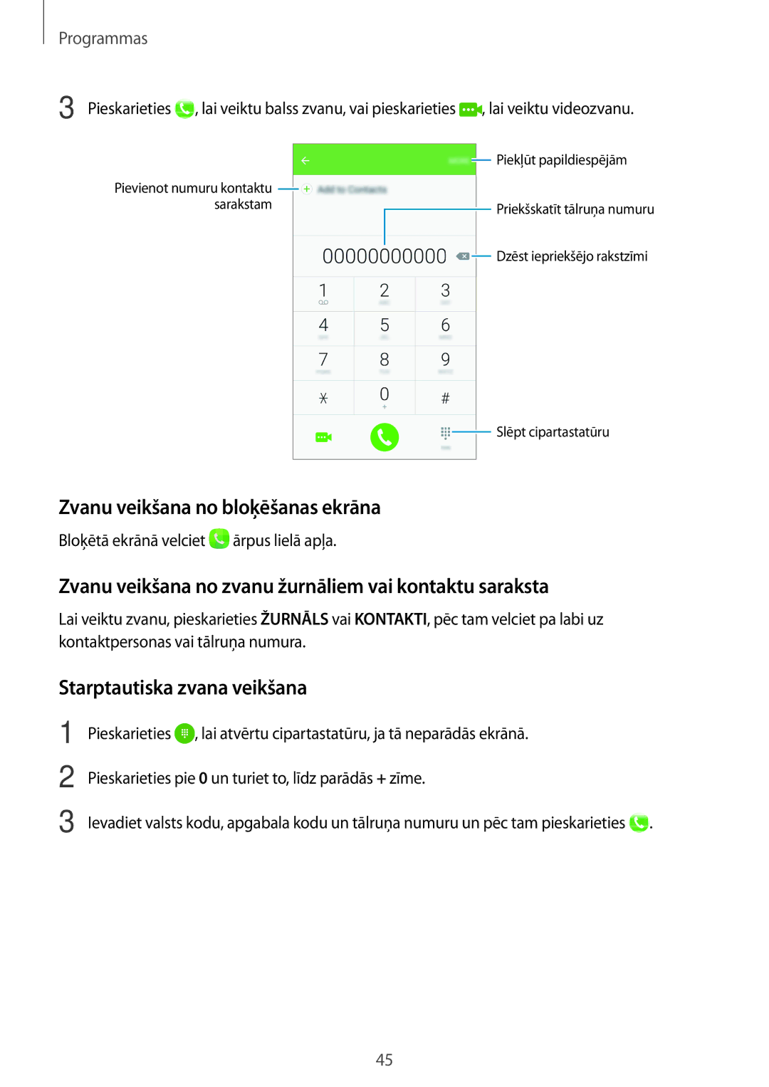 Samsung SM-G903FZSASEB manual Zvanu veikšana no bloķēšanas ekrāna, Zvanu veikšana no zvanu žurnāliem vai kontaktu saraksta 