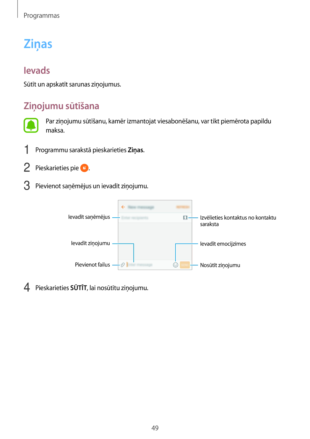 Samsung SM-G903FZKASEB, SM-G903FZSASEB, SM-G903FZDASEB manual Ziņas, Ziņojumu sūtīšana 