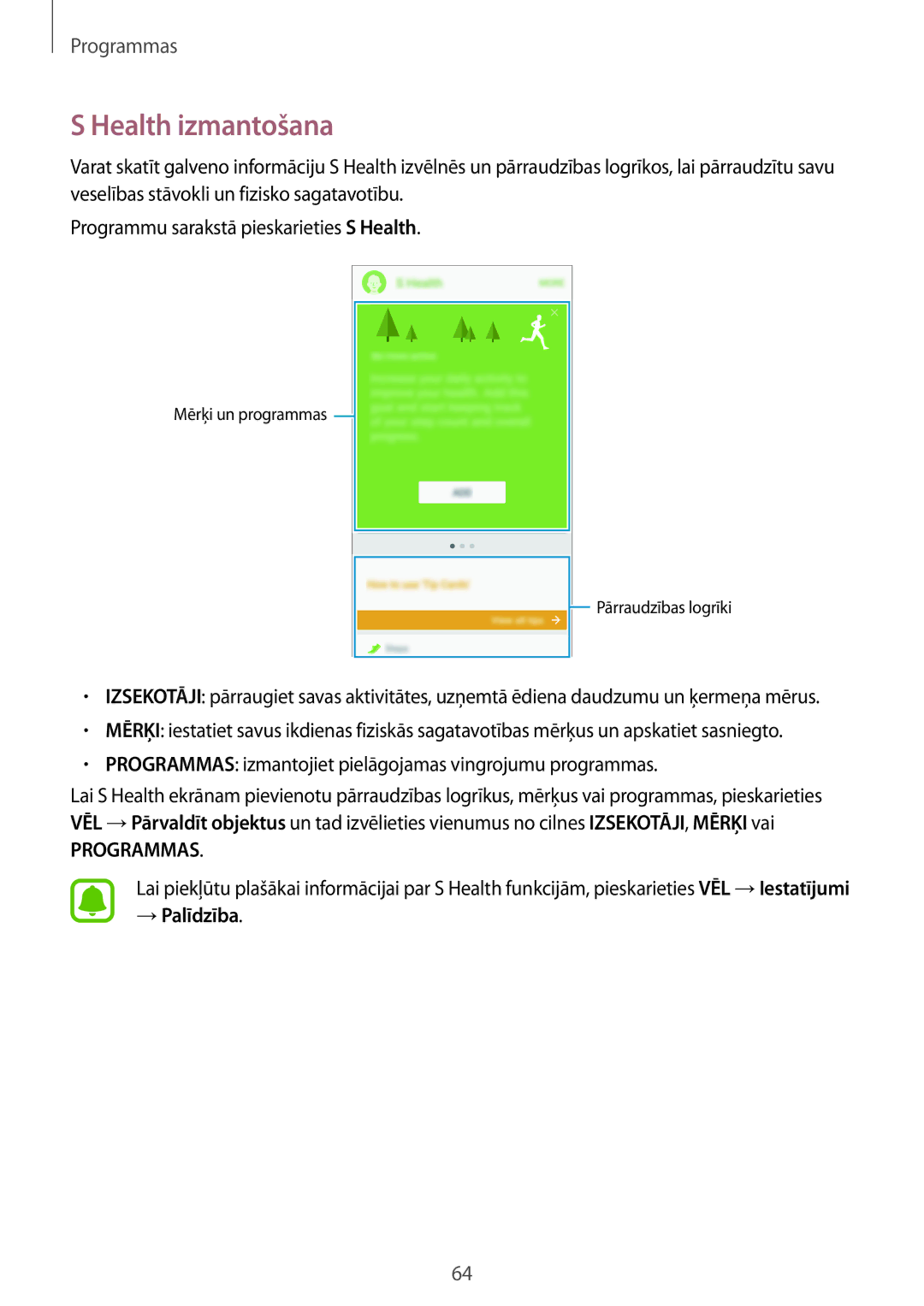 Samsung SM-G903FZKASEB, SM-G903FZSASEB, SM-G903FZDASEB manual Health izmantošana, Programmas 