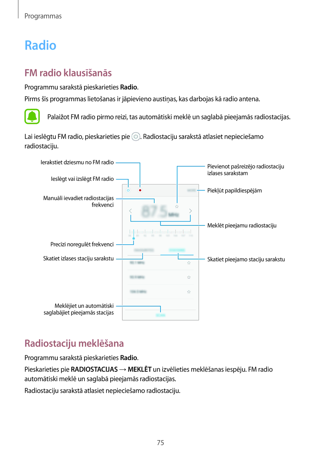 Samsung SM-G903FZSASEB, SM-G903FZKASEB, SM-G903FZDASEB manual FM radio klausīšanās, Radiostaciju meklēšana 