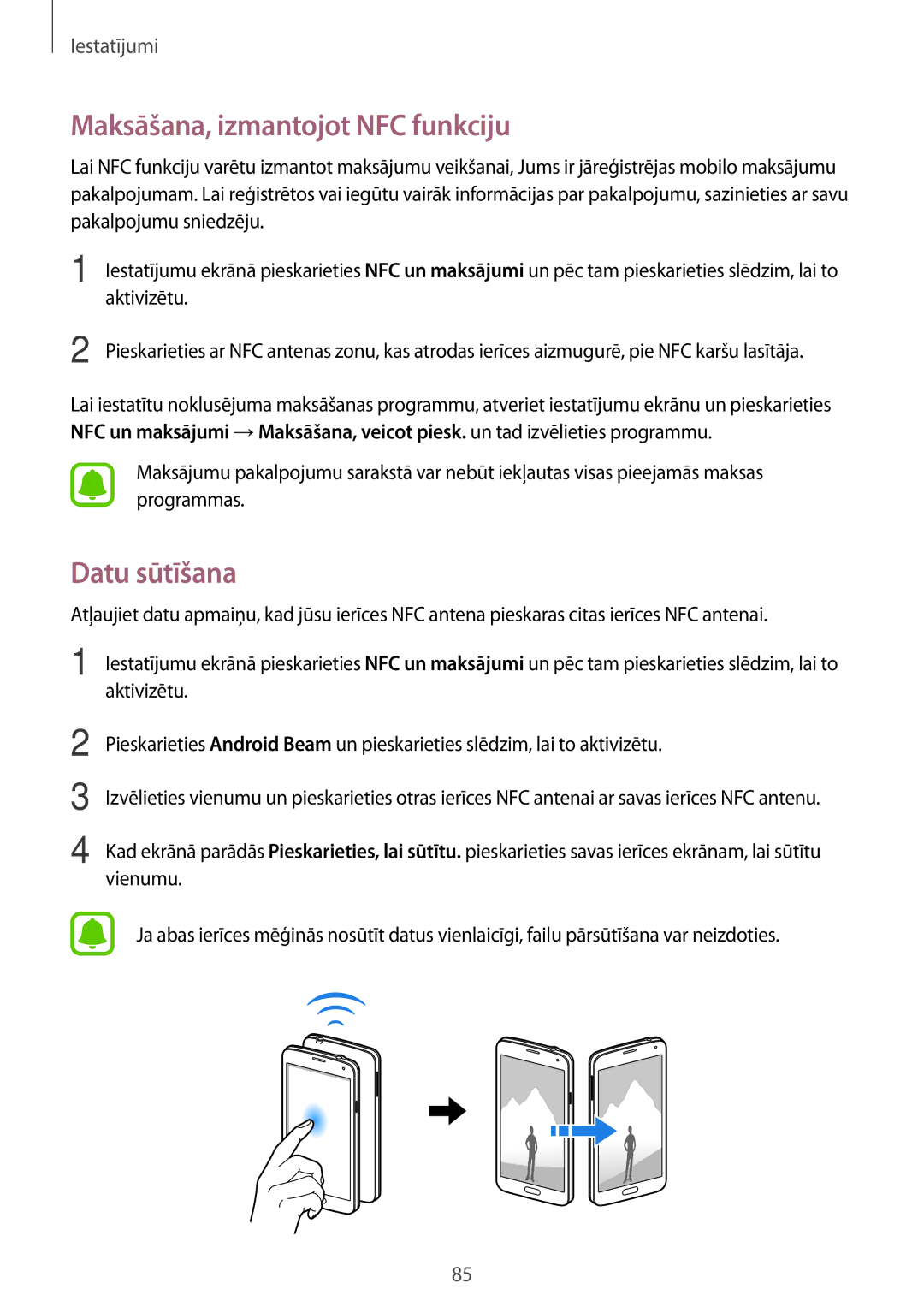 Samsung SM-G903FZKASEB, SM-G903FZSASEB, SM-G903FZDASEB manual Maksāšana, izmantojot NFC funkciju, Datu sūtīšana 