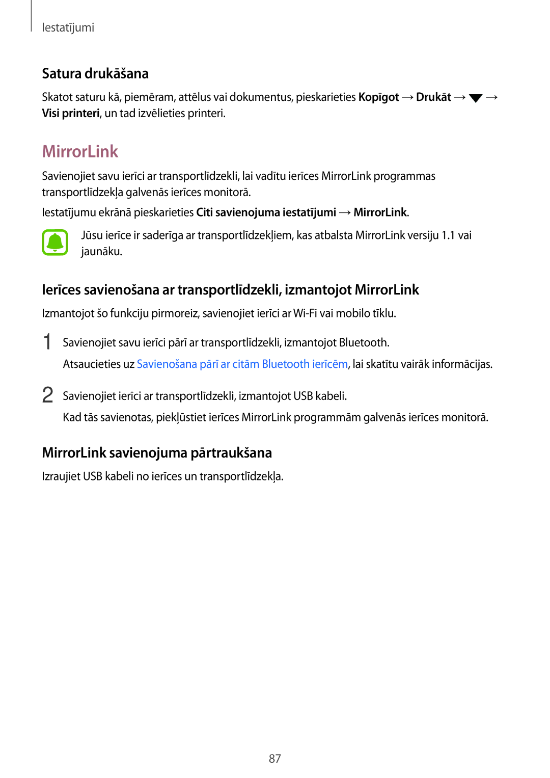 Samsung SM-G903FZSASEB, SM-G903FZKASEB, SM-G903FZDASEB manual Satura drukāšana, MirrorLink savienojuma pārtraukšana 