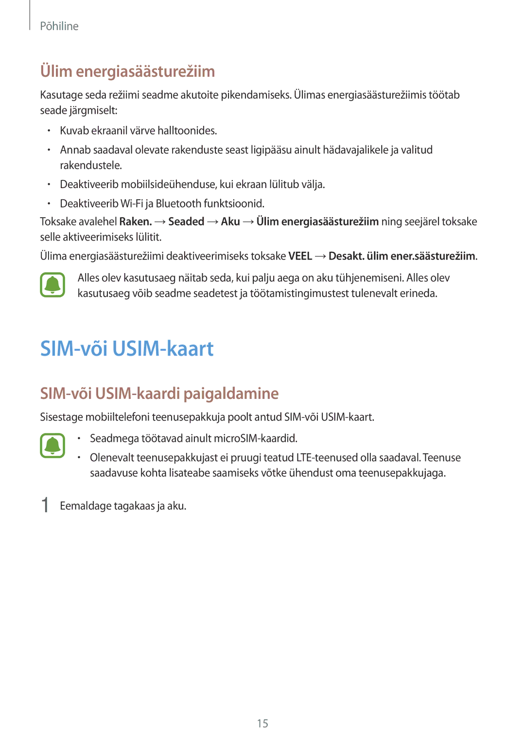 Samsung SM-G903FZSASEB, SM-G903FZKASEB manual SIM-või USIM-kaart, Ülim energiasäästurežiim, SIM-või USIM-kaardi paigaldamine 