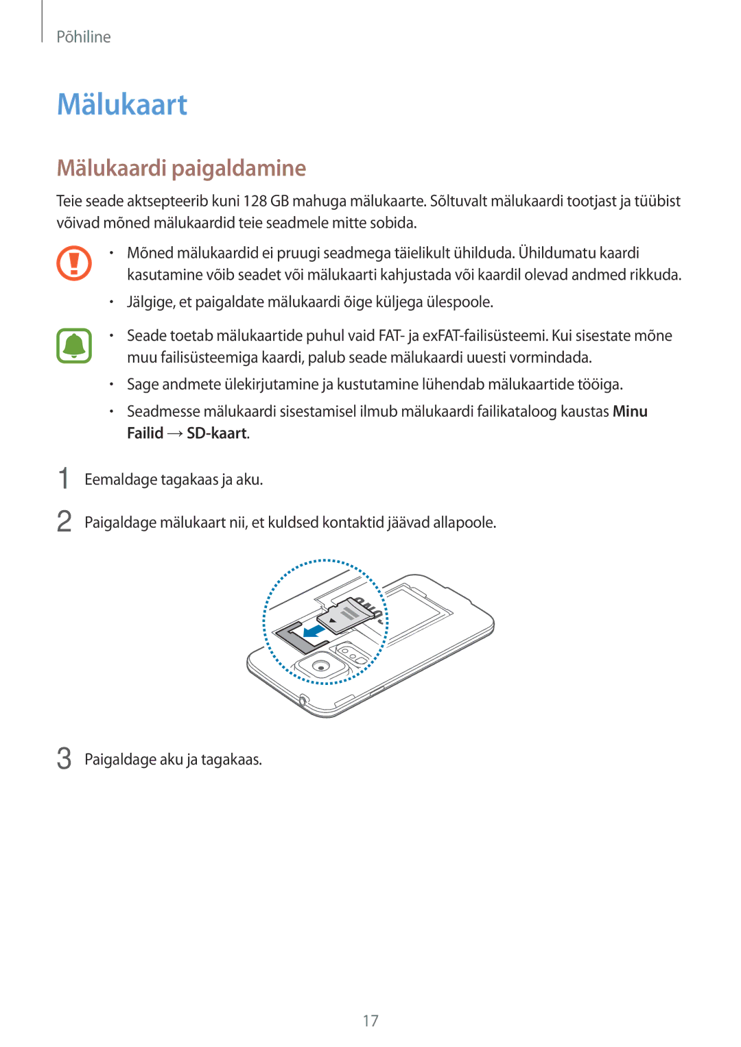 Samsung SM-G903FZDASEB, SM-G903FZSASEB, SM-G903FZKASEB manual Mälukaart, Mälukaardi paigaldamine 