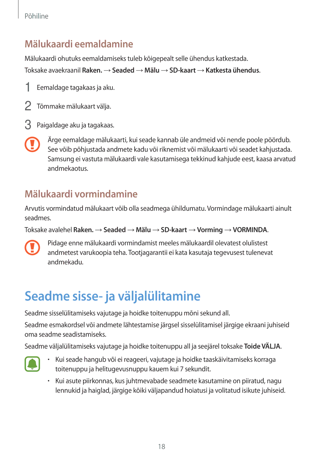 Samsung SM-G903FZSASEB, SM-G903FZKASEB Seadme sisse- ja väljalülitamine, Mälukaardi eemaldamine, Mälukaardi vormindamine 