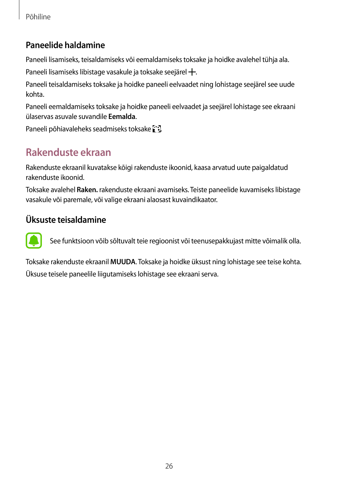 Samsung SM-G903FZDASEB, SM-G903FZSASEB, SM-G903FZKASEB manual Rakenduste ekraan, Paneelide haldamine, Üksuste teisaldamine 