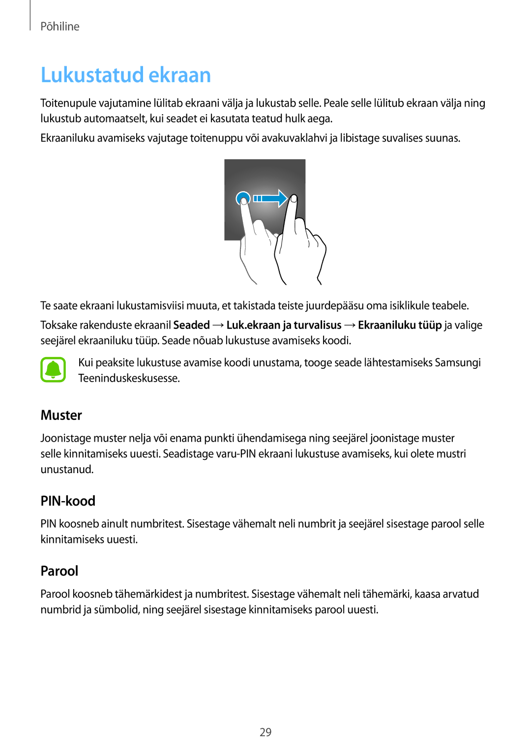 Samsung SM-G903FZDASEB, SM-G903FZSASEB, SM-G903FZKASEB manual Lukustatud ekraan, Muster, PIN-kood, Parool 