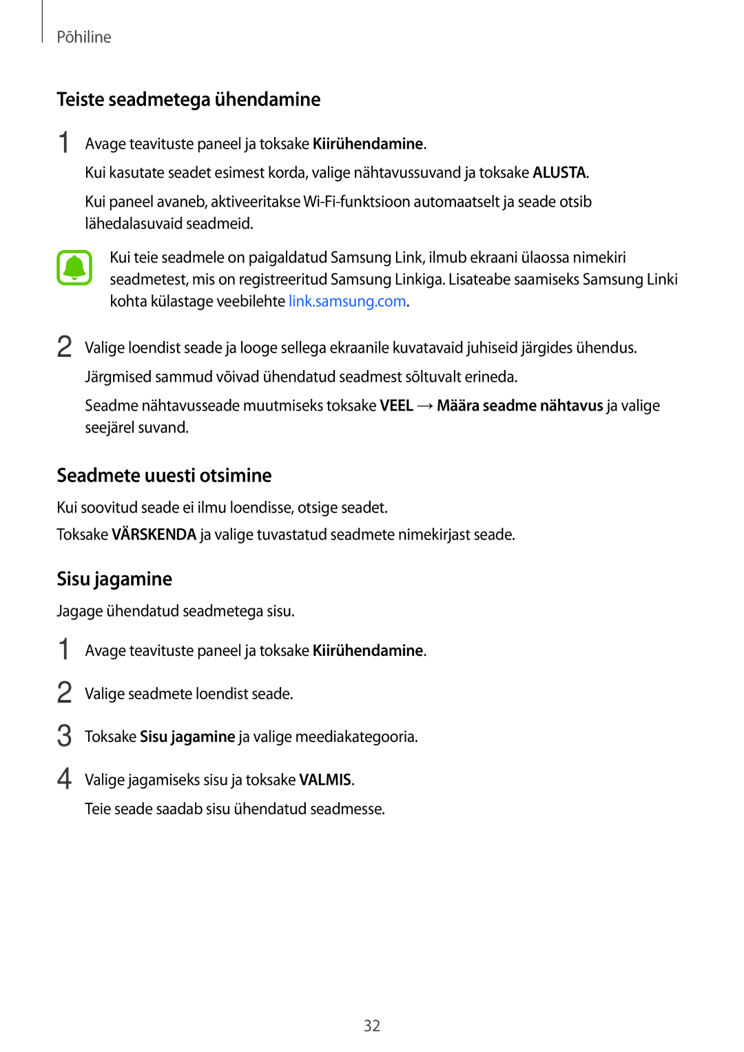 Samsung SM-G903FZDASEB, SM-G903FZSASEB manual Teiste seadmetega ühendamine, Seadmete uuesti otsimine, Sisu jagamine 