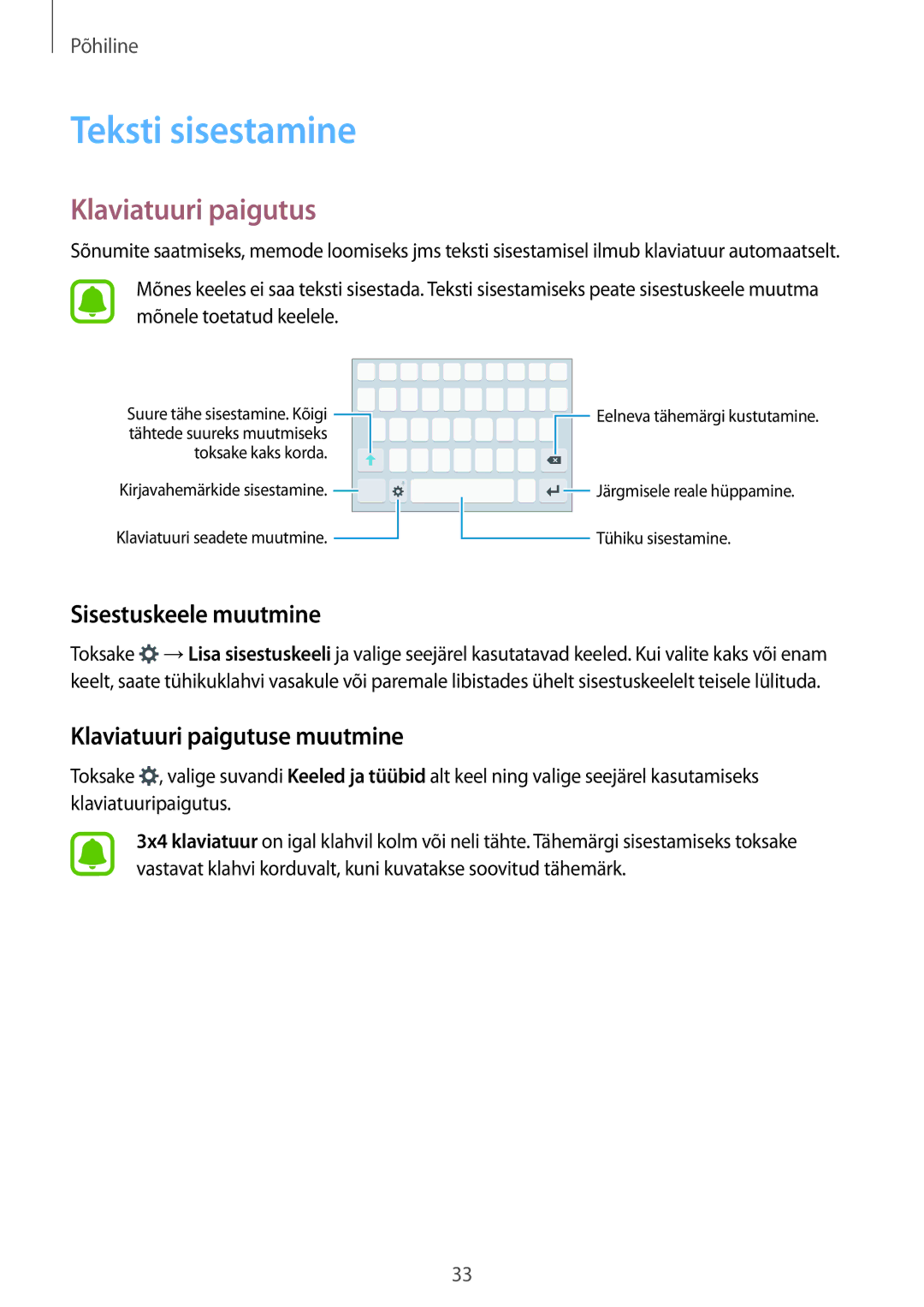 Samsung SM-G903FZSASEB, SM-G903FZKASEB manual Teksti sisestamine, Sisestuskeele muutmine, Klaviatuuri paigutuse muutmine 