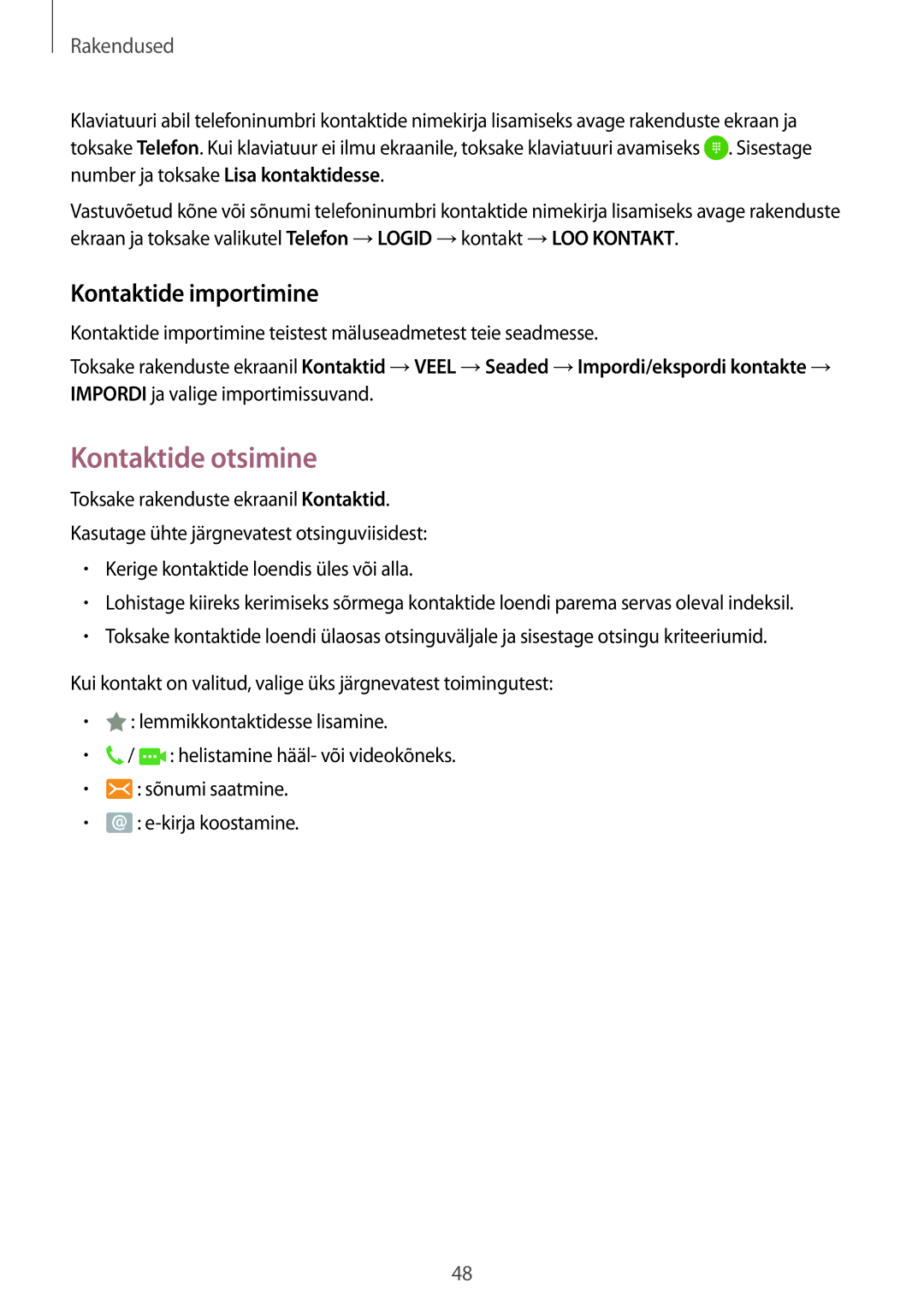 Samsung SM-G903FZSASEB, SM-G903FZKASEB, SM-G903FZDASEB manual Kontaktide otsimine, Kontaktide importimine 