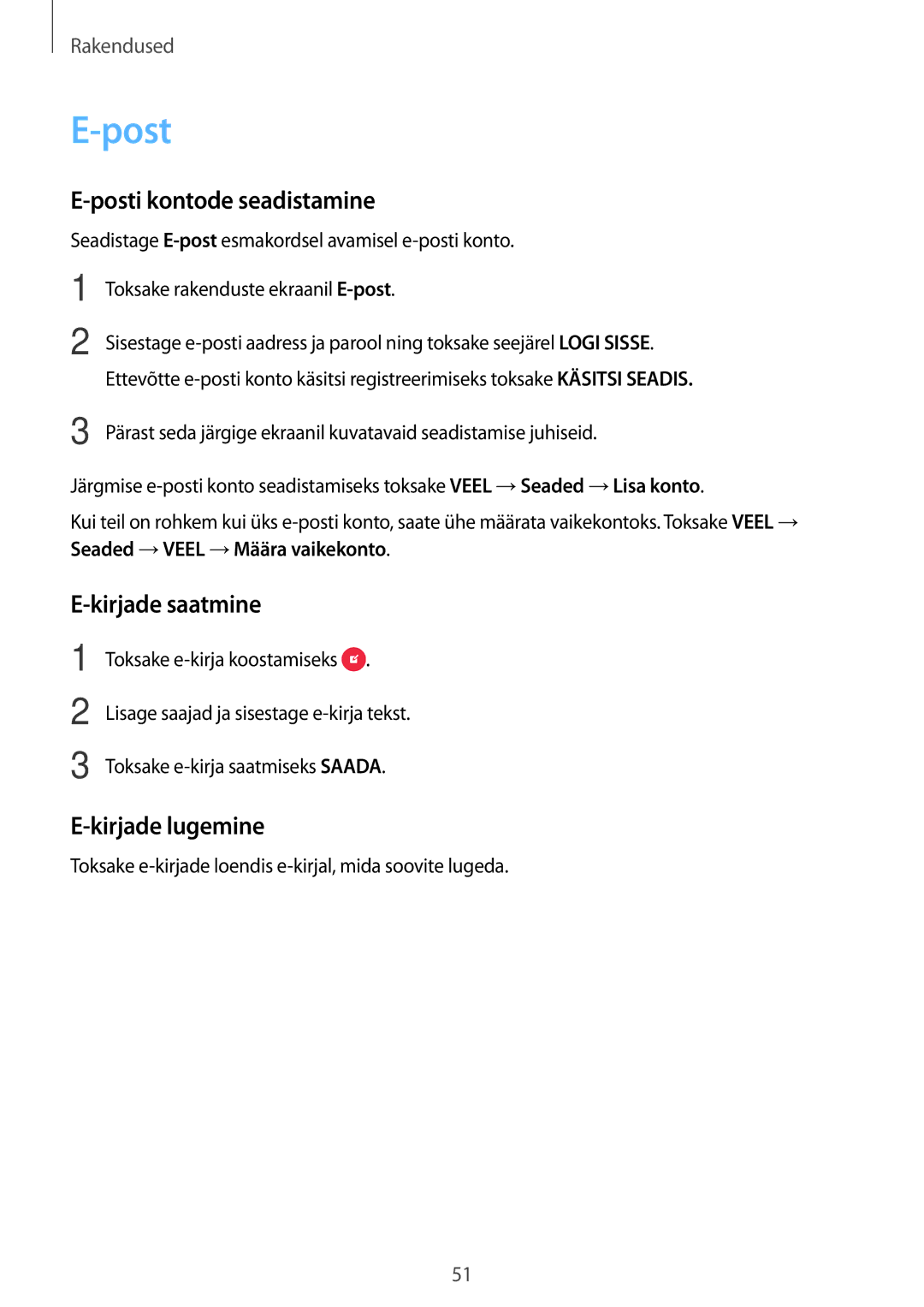 Samsung SM-G903FZSASEB, SM-G903FZKASEB, SM-G903FZDASEB Posti kontode seadistamine, Kirjade saatmine, Kirjade lugemine 