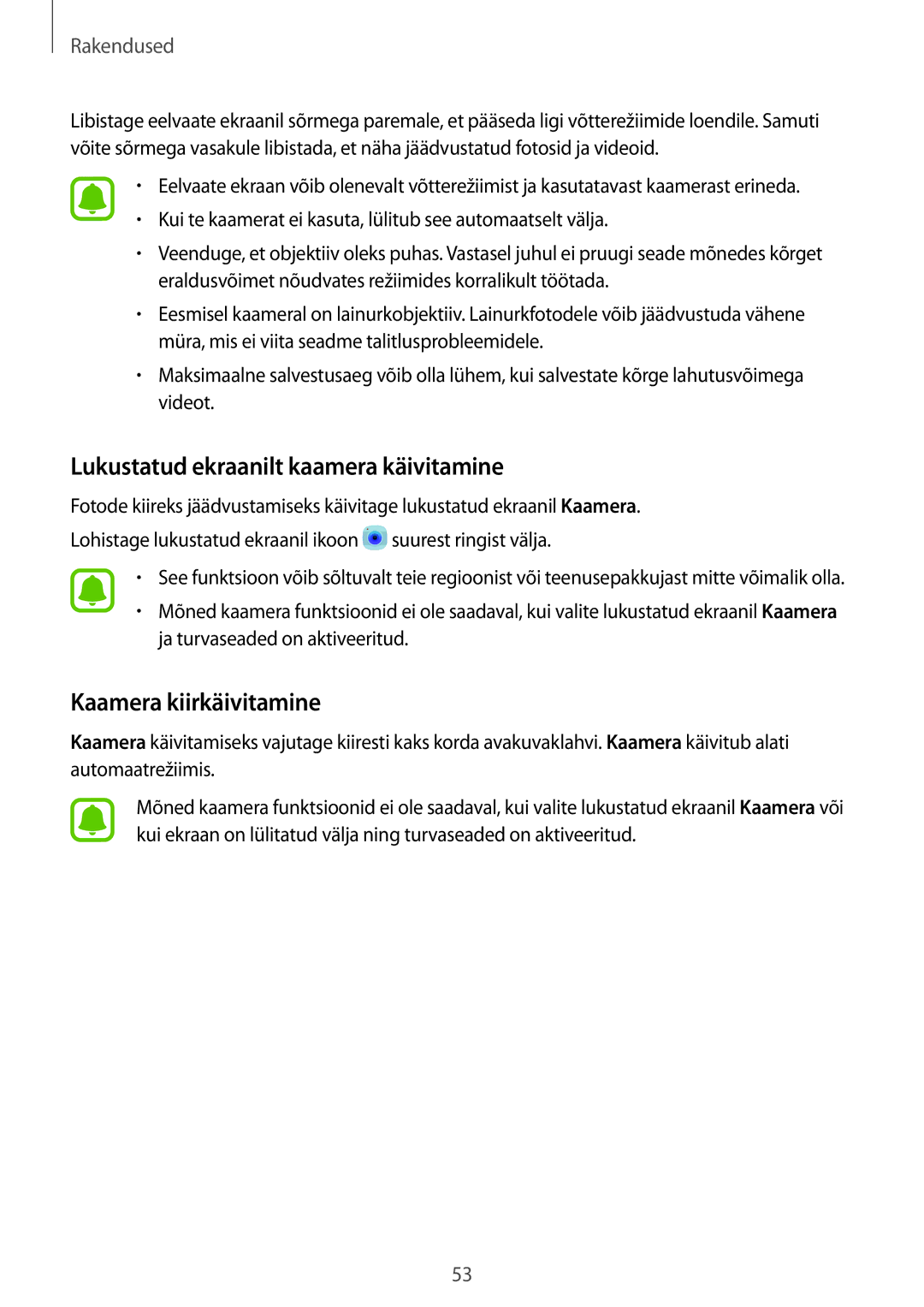 Samsung SM-G903FZDASEB, SM-G903FZSASEB, SM-G903FZKASEB Lukustatud ekraanilt kaamera käivitamine, Kaamera kiirkäivitamine 