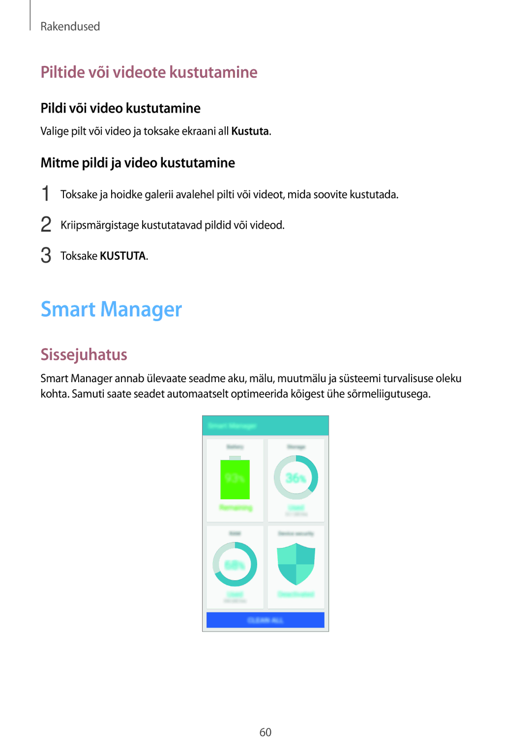 Samsung SM-G903FZSASEB, SM-G903FZKASEB manual Smart Manager, Piltide või videote kustutamine, Pildi või video kustutamine 