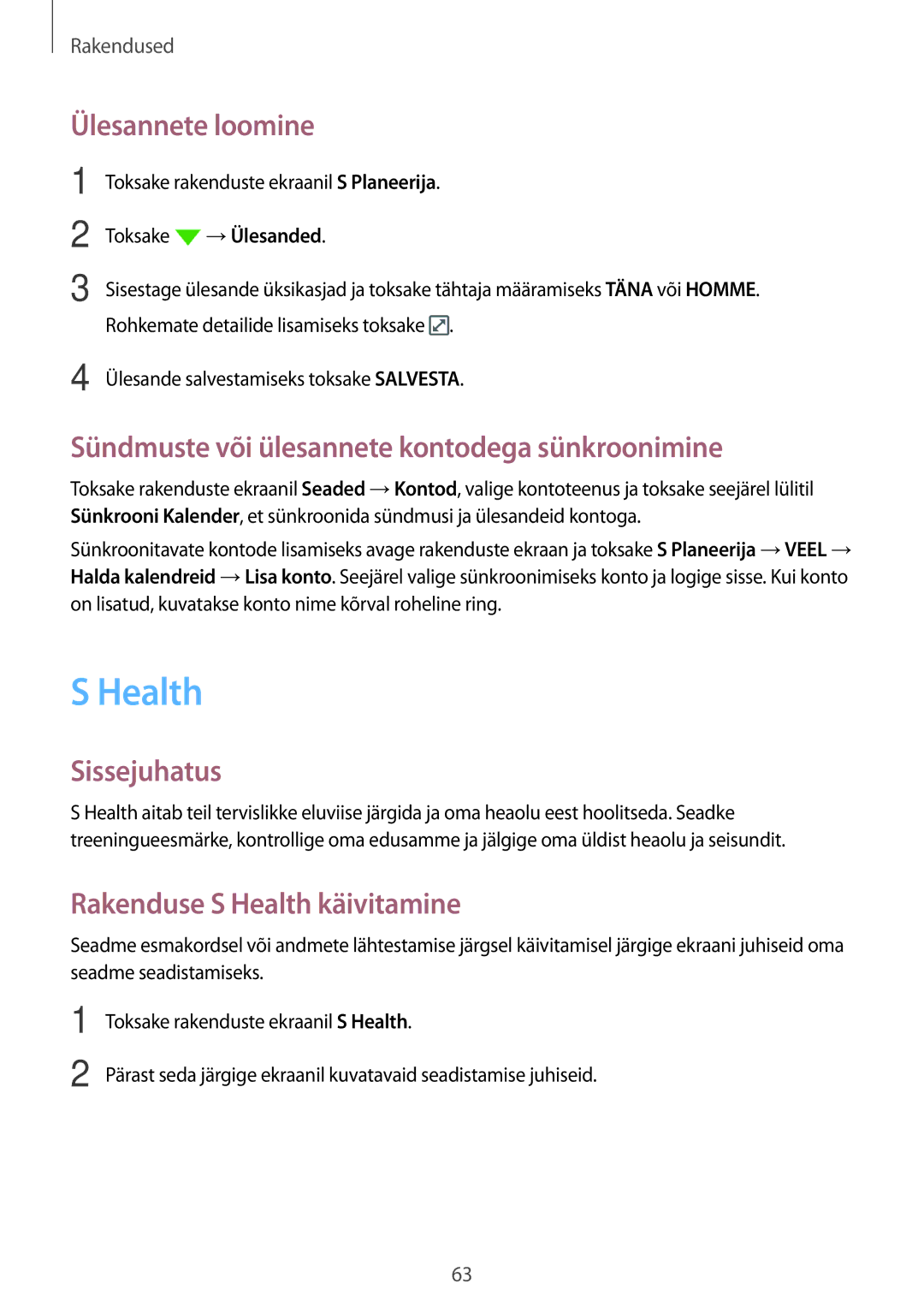 Samsung SM-G903FZSASEB manual Health, Ülesannete loomine, Sündmuste või ülesannete kontodega sünkroonimine, →Ülesanded 