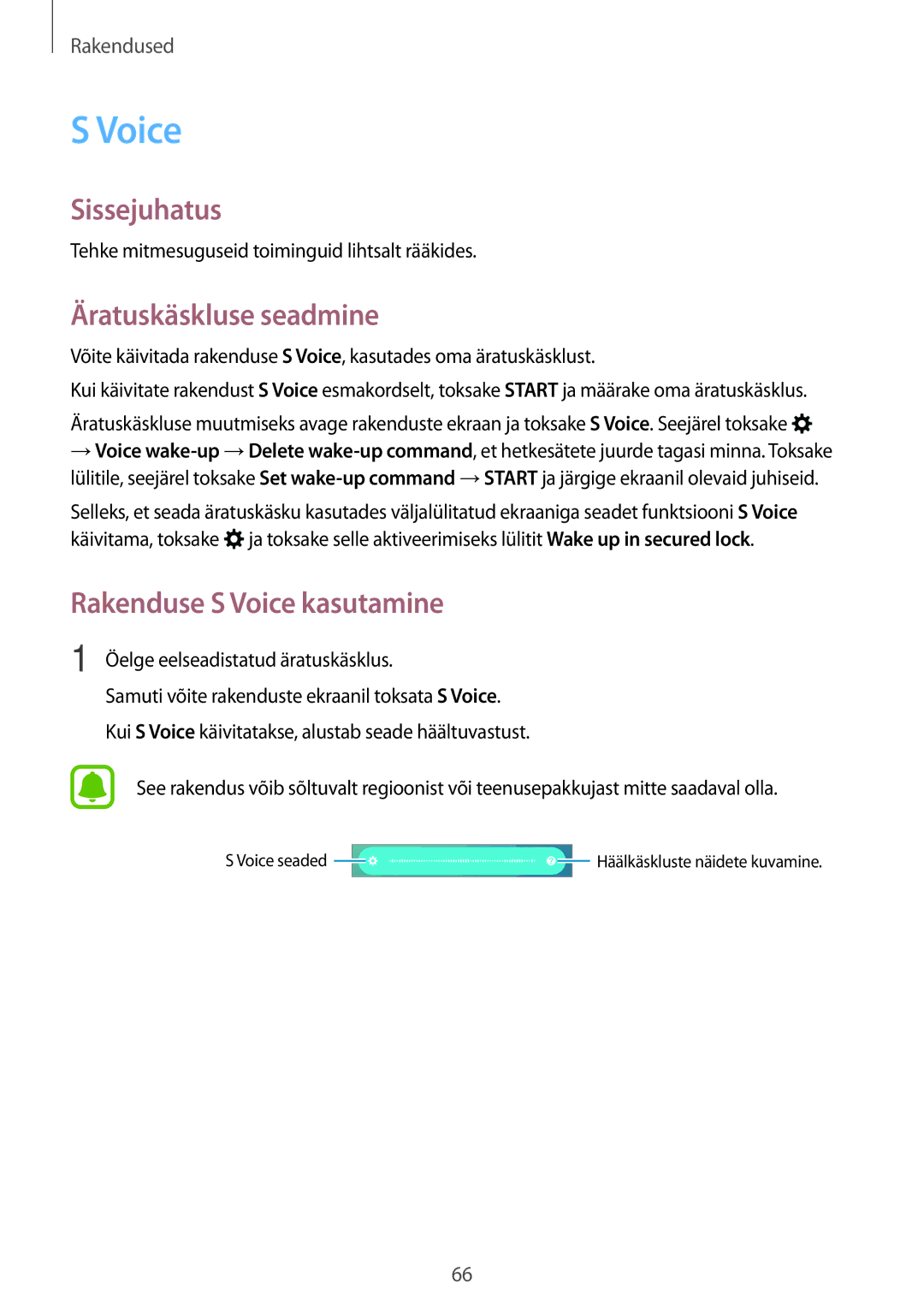 Samsung SM-G903FZSASEB, SM-G903FZKASEB, SM-G903FZDASEB manual Äratuskäskluse seadmine, Rakenduse S Voice kasutamine 