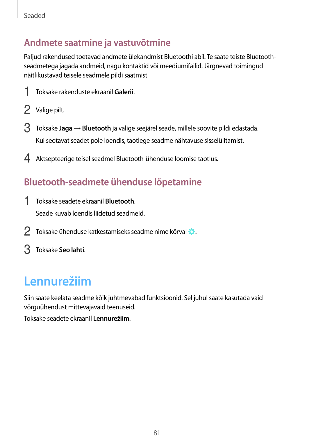 Samsung SM-G903FZSASEB, SM-G903FZKASEB, SM-G903FZDASEB manual Lennurežiim, Andmete saatmine ja vastuvõtmine 