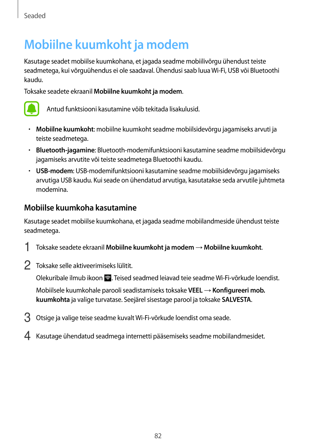 Samsung SM-G903FZKASEB, SM-G903FZSASEB, SM-G903FZDASEB manual Mobiilne kuumkoht ja modem, Mobiilse kuumkoha kasutamine 