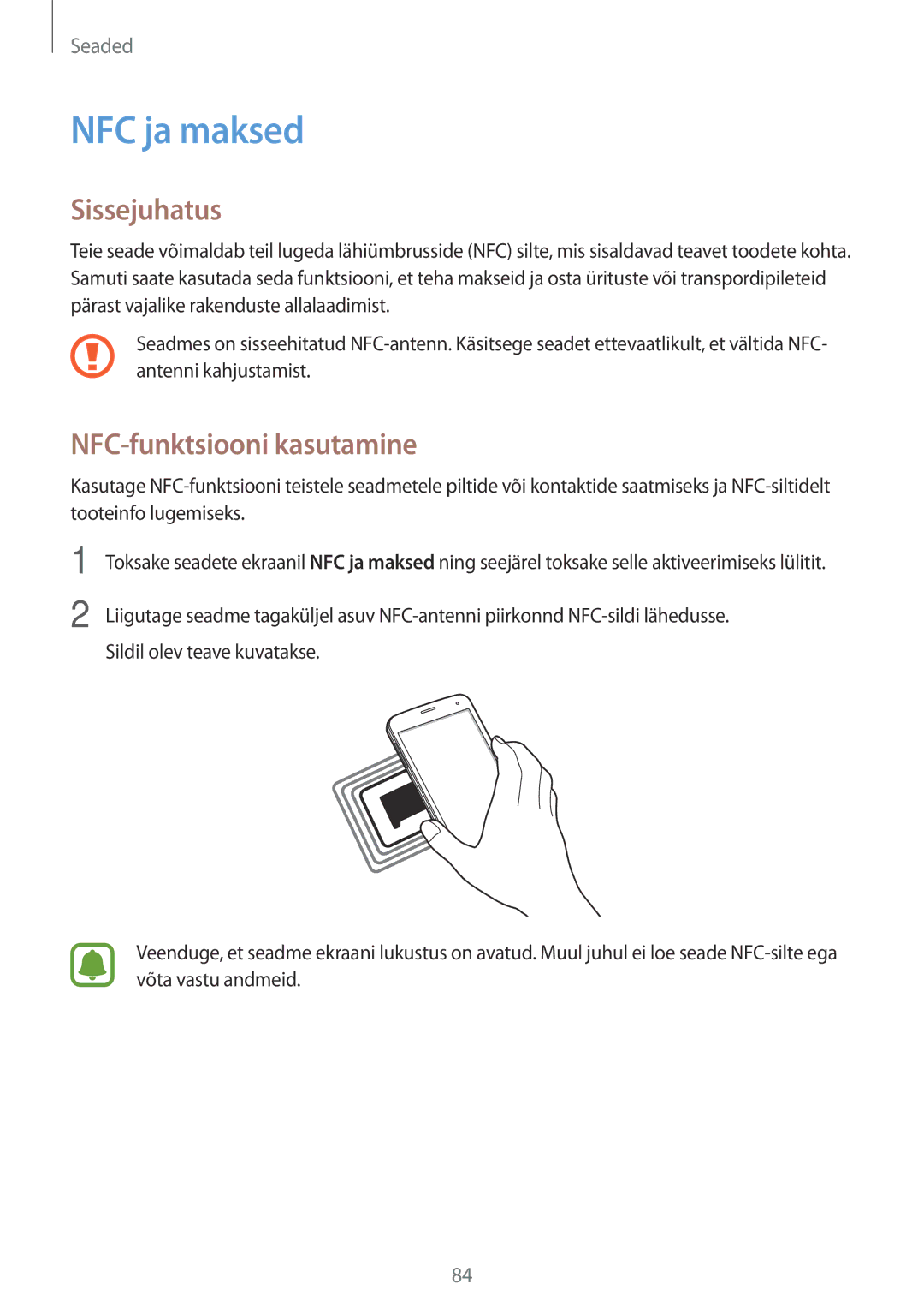 Samsung SM-G903FZSASEB, SM-G903FZKASEB, SM-G903FZDASEB manual NFC ja maksed, NFC-funktsiooni kasutamine 